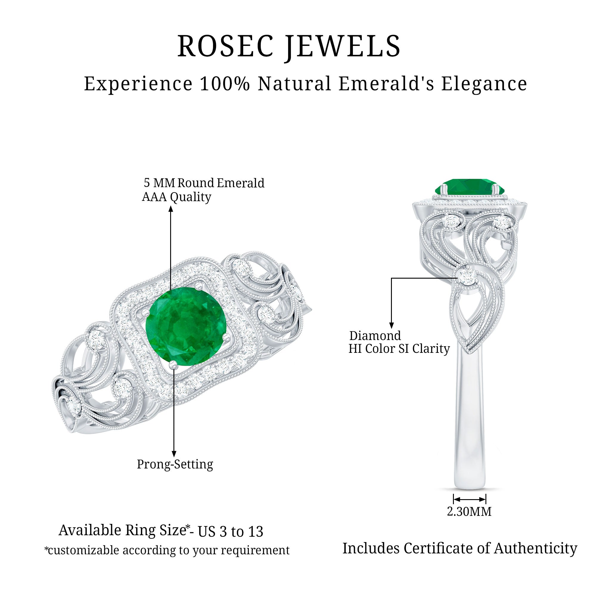 Vintage Looking Emerald Engagement Ring with Diamond Halo AAA - Rosec Jewels