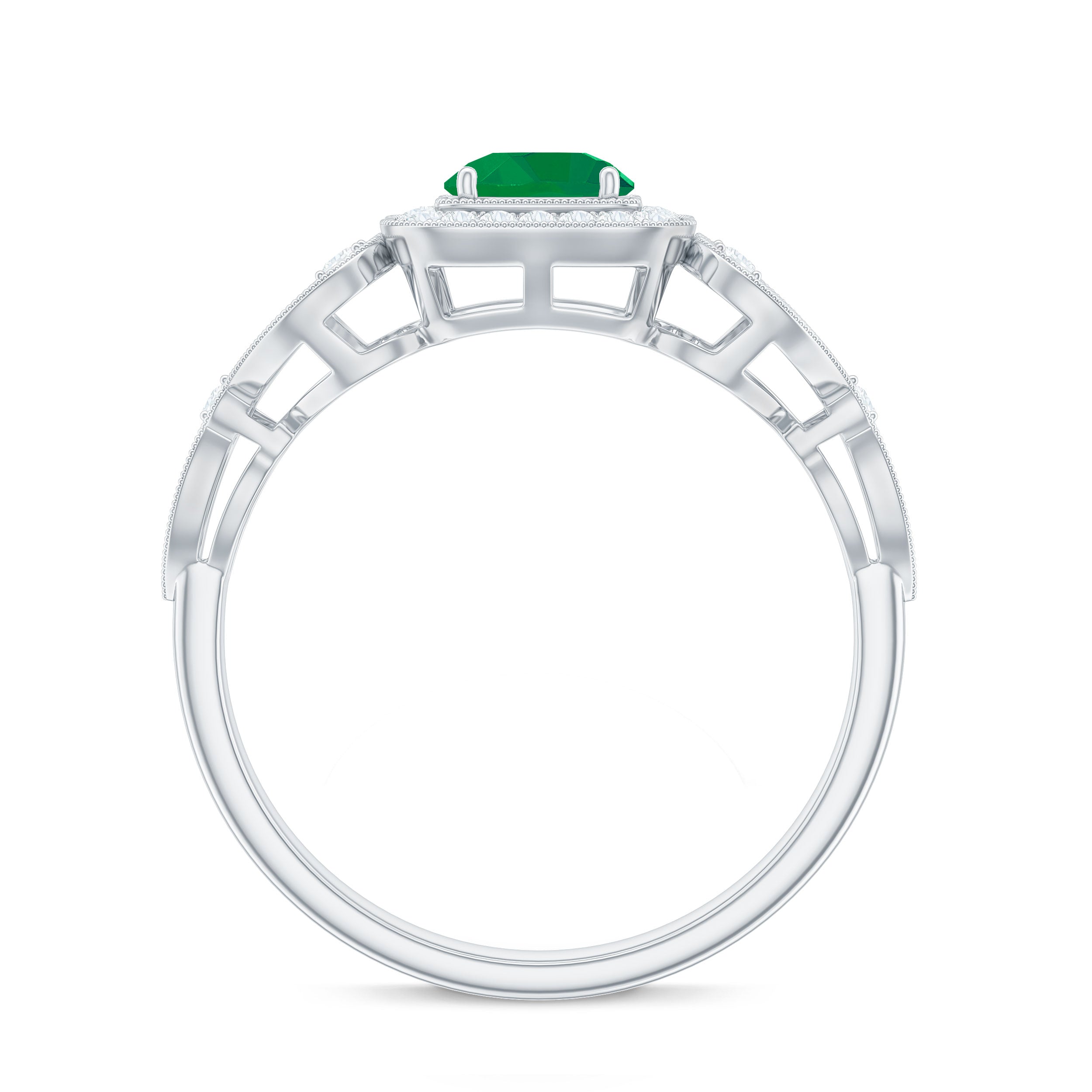 Vintage Looking Emerald Engagement Ring with Diamond Halo AAA - Rosec Jewels
