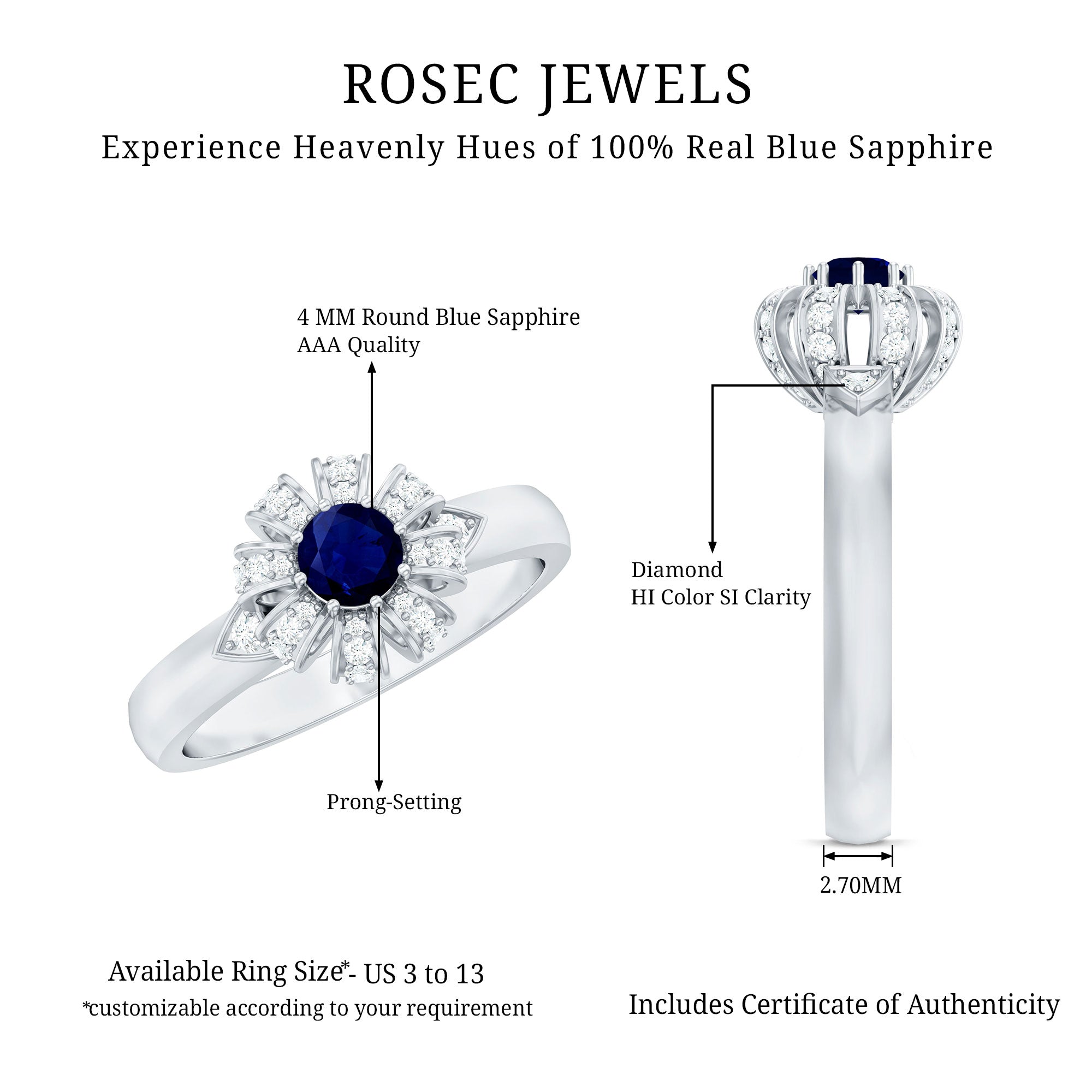 Rosec Jewels-Real Blue Sapphire Flower Engagement Ring with Diamond