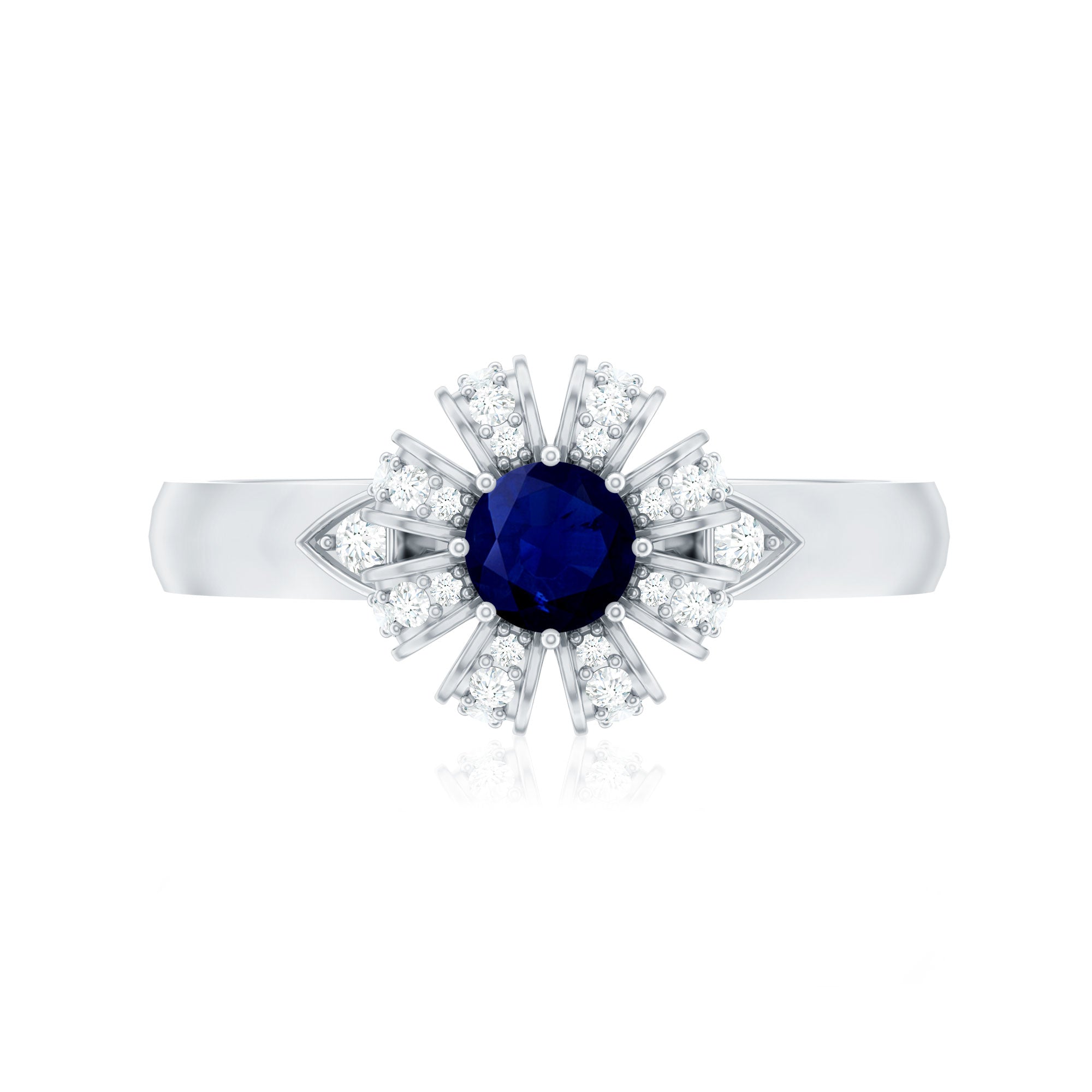 Rosec Jewels-Real Blue Sapphire Flower Engagement Ring with Diamond