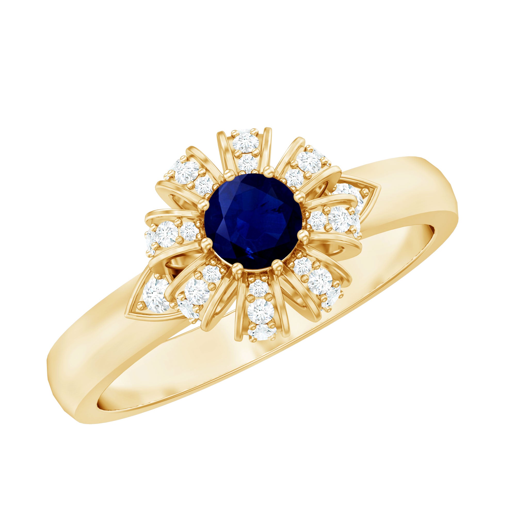 Rosec Jewels-Real Blue Sapphire Flower Engagement Ring with Diamond