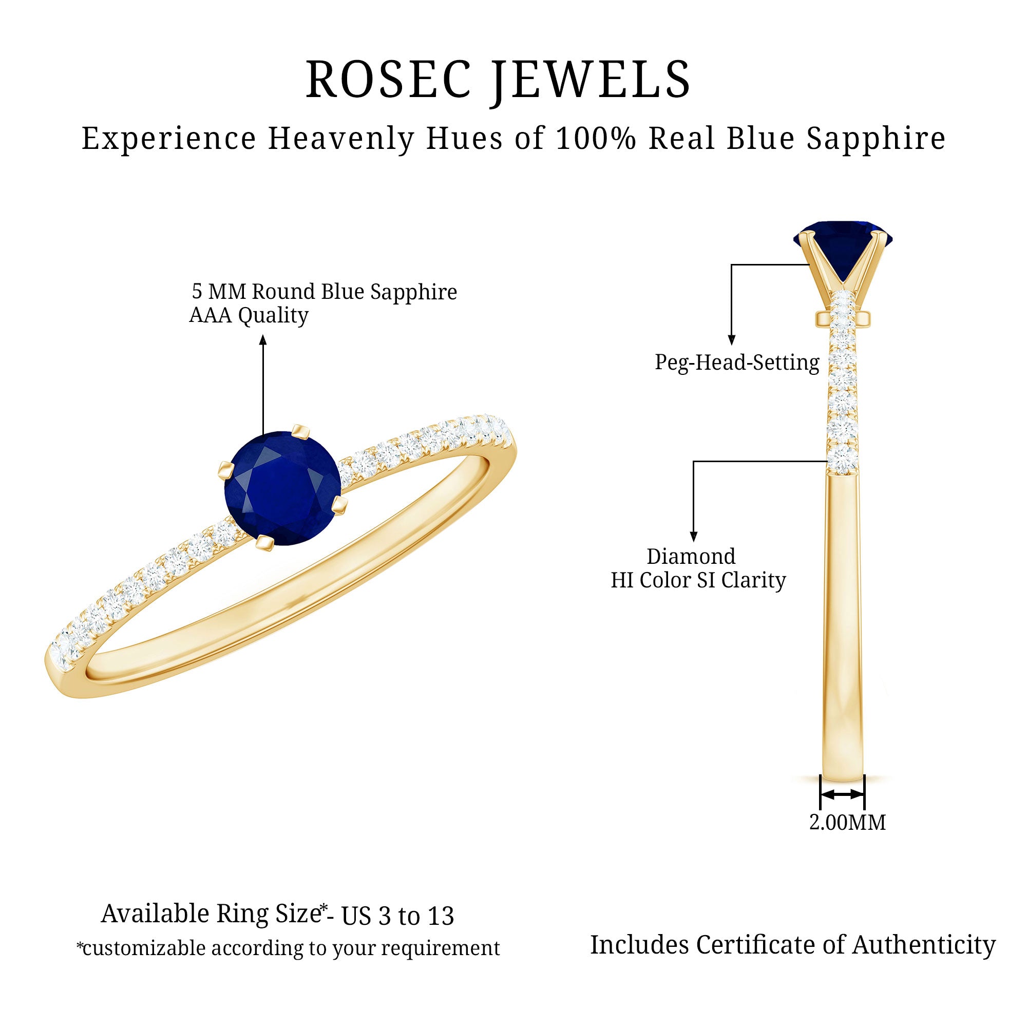 Rosec Jewels-Real 0.9 Carat Blue Sapphire Promise Ring with Diamonds