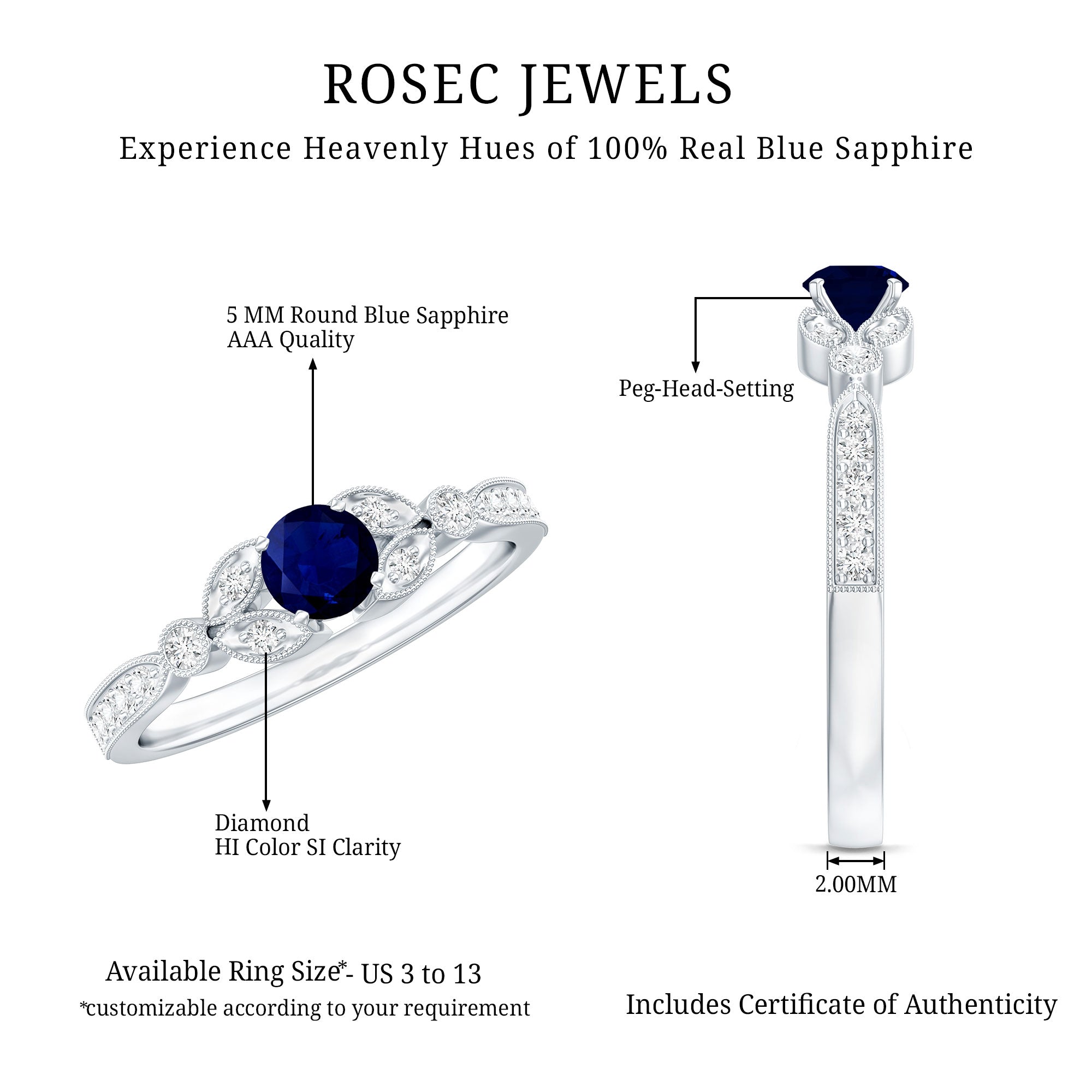 Vintage Inspired Blue Sapphire and Diamond Engagement Ring with Milgrain Details AAA - Rosec Jewels