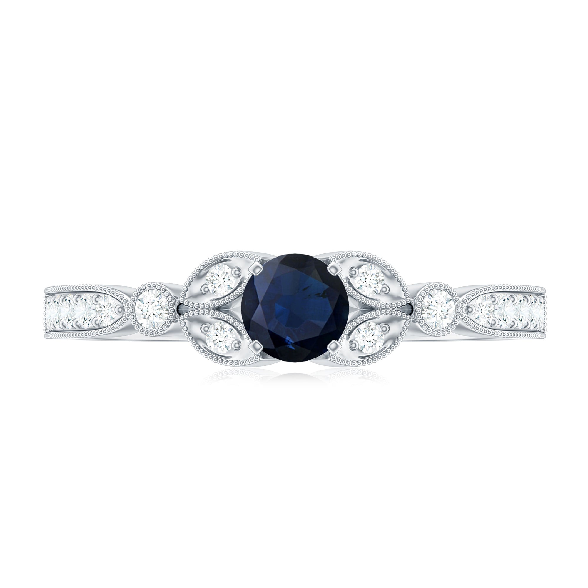 Rosec Jewels-Vintage Inspired Blue Sapphire and Diamond Engagement Ring with Milgrain Details