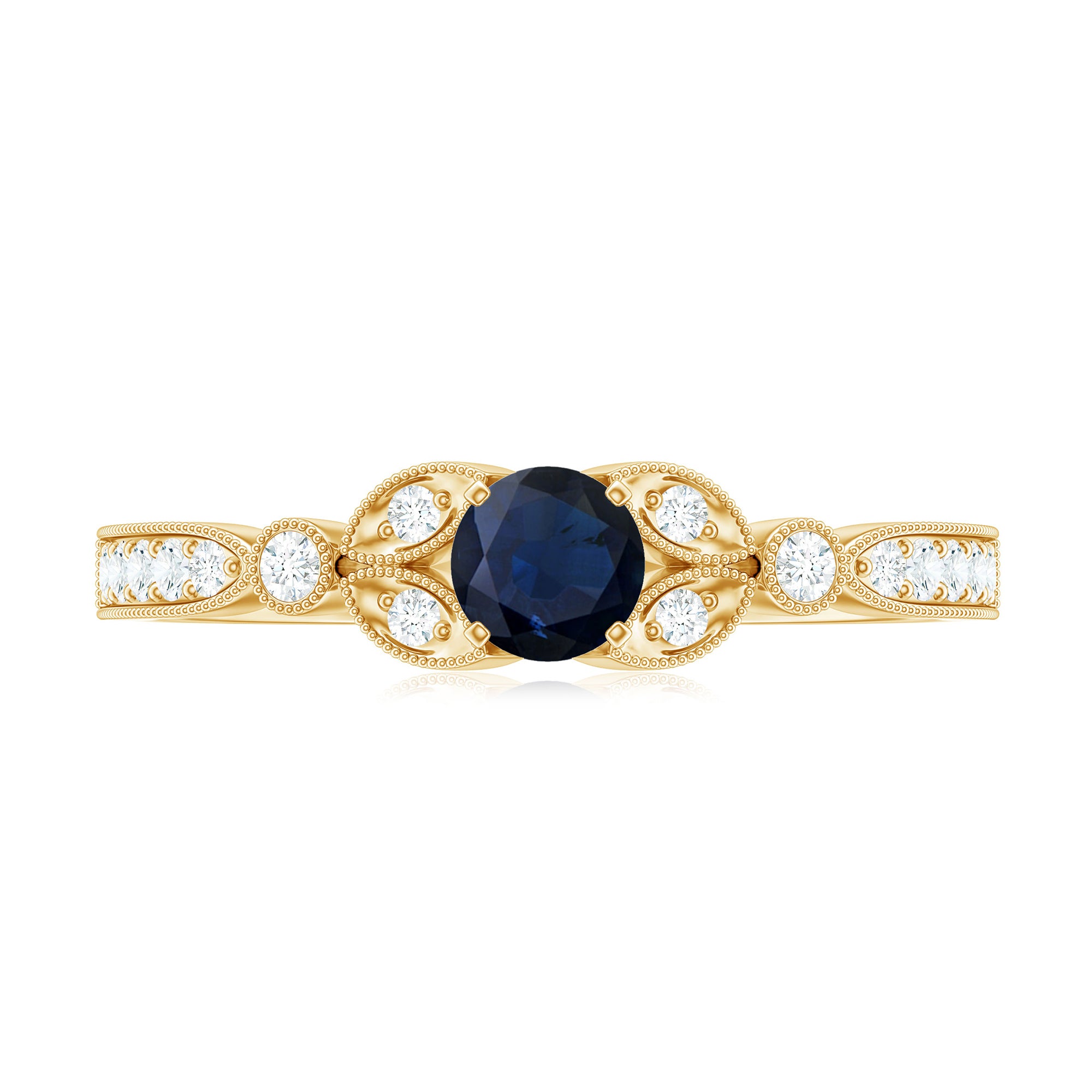 Rosec Jewels-Vintage Inspired Blue Sapphire and Diamond Engagement Ring with Milgrain Details