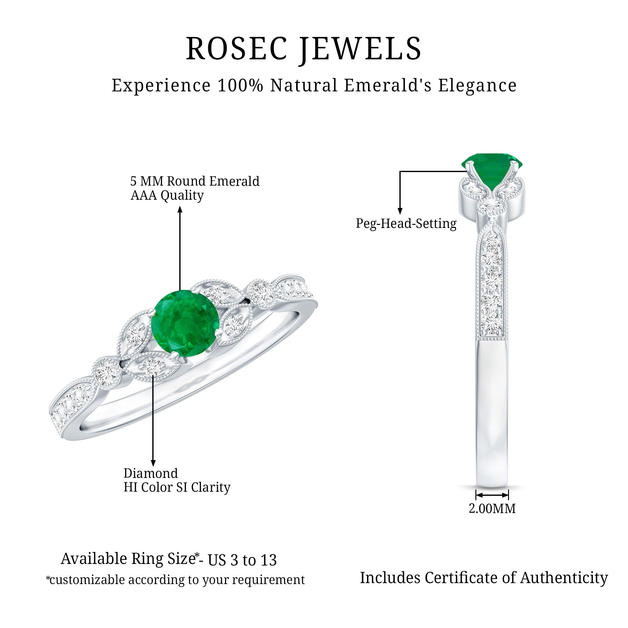 Natural Emerald Vintage Inspired Engagement Ring with Diamond AAA - Rosec Jewels