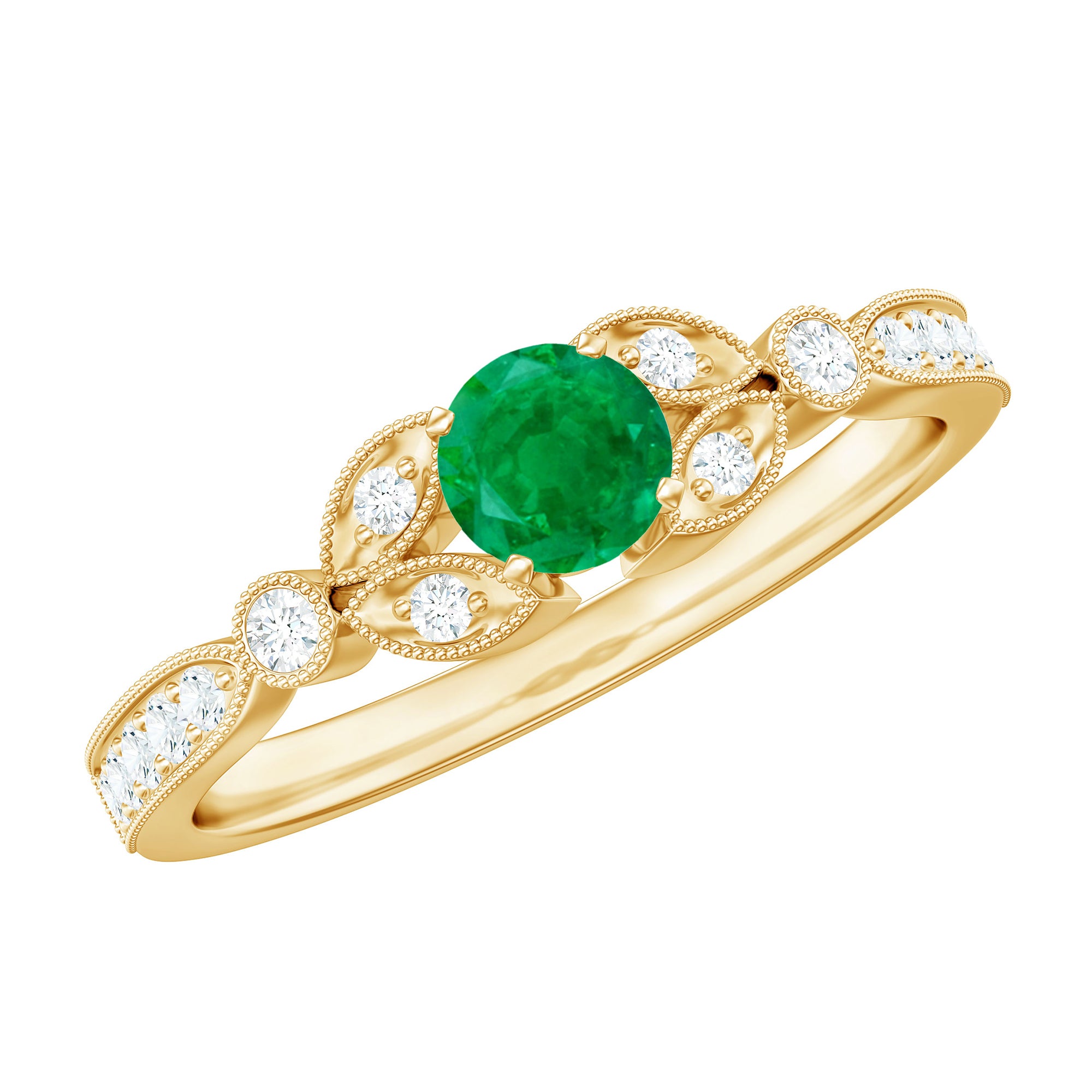 Natural Emerald Vintage Inspired Engagement Ring with Diamond AAA - Rosec Jewels