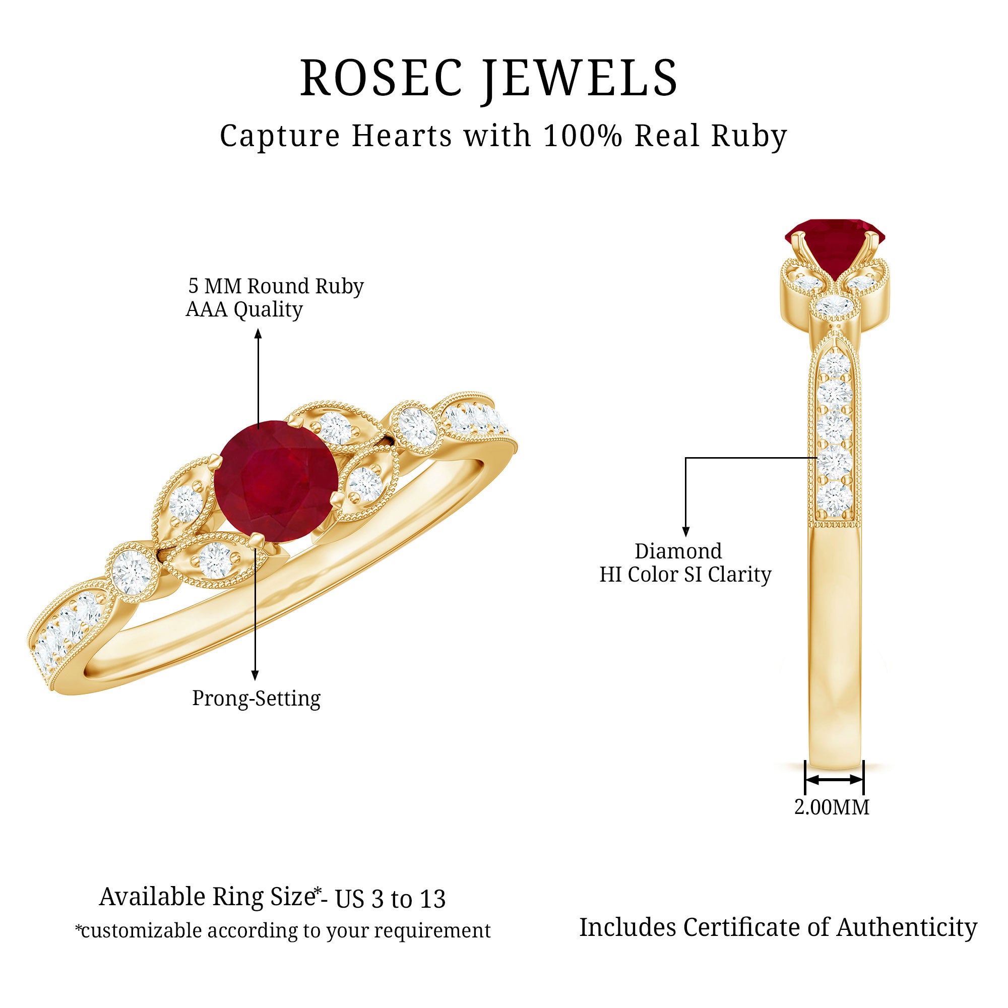 Rosec Jewels-Vintage Style 0.6 Carat Ruby Diamond Engagement Ring for Women