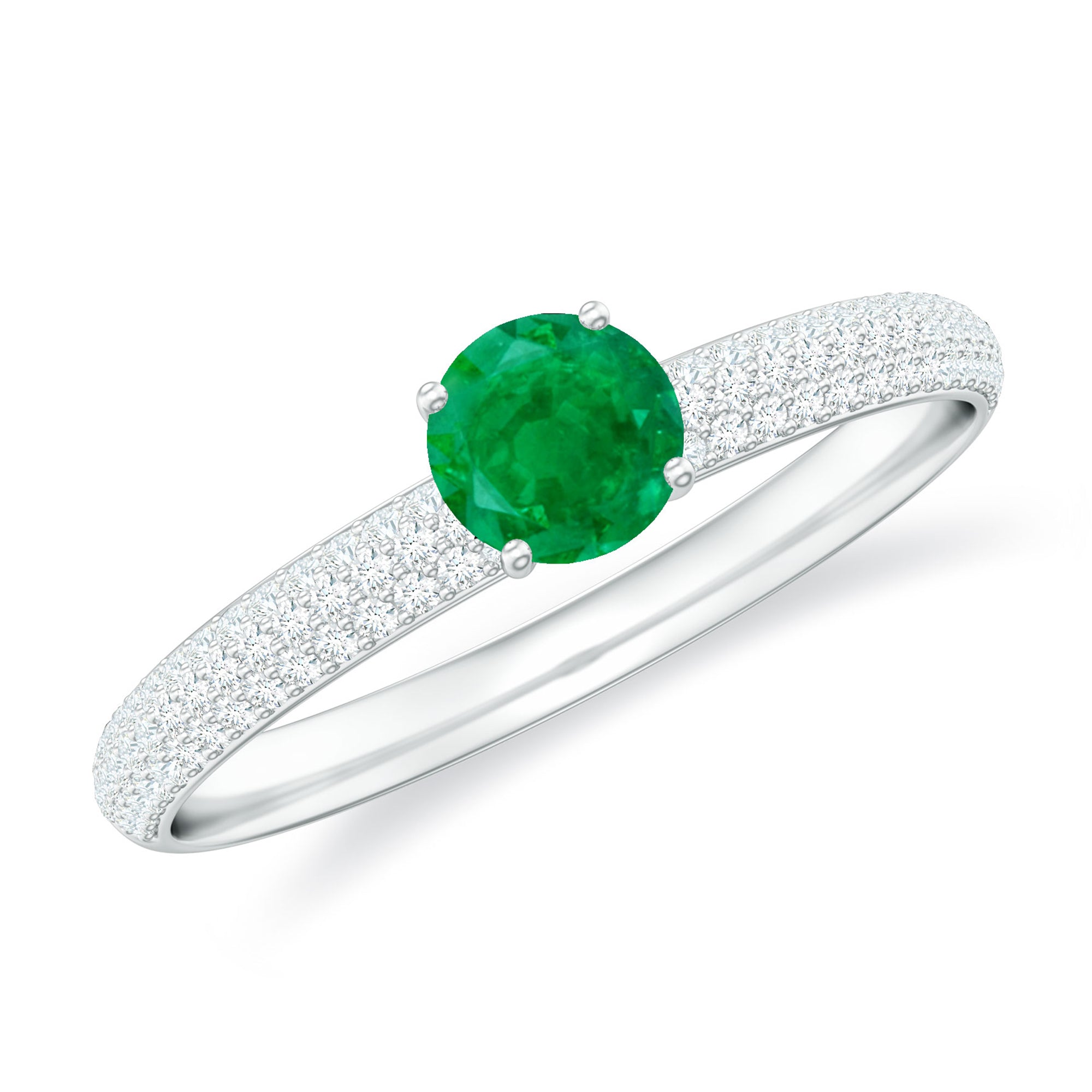 Classic Emerald Solitaire Engagement Ring with Real Diamond Side Stones AAA - Rosec Jewels