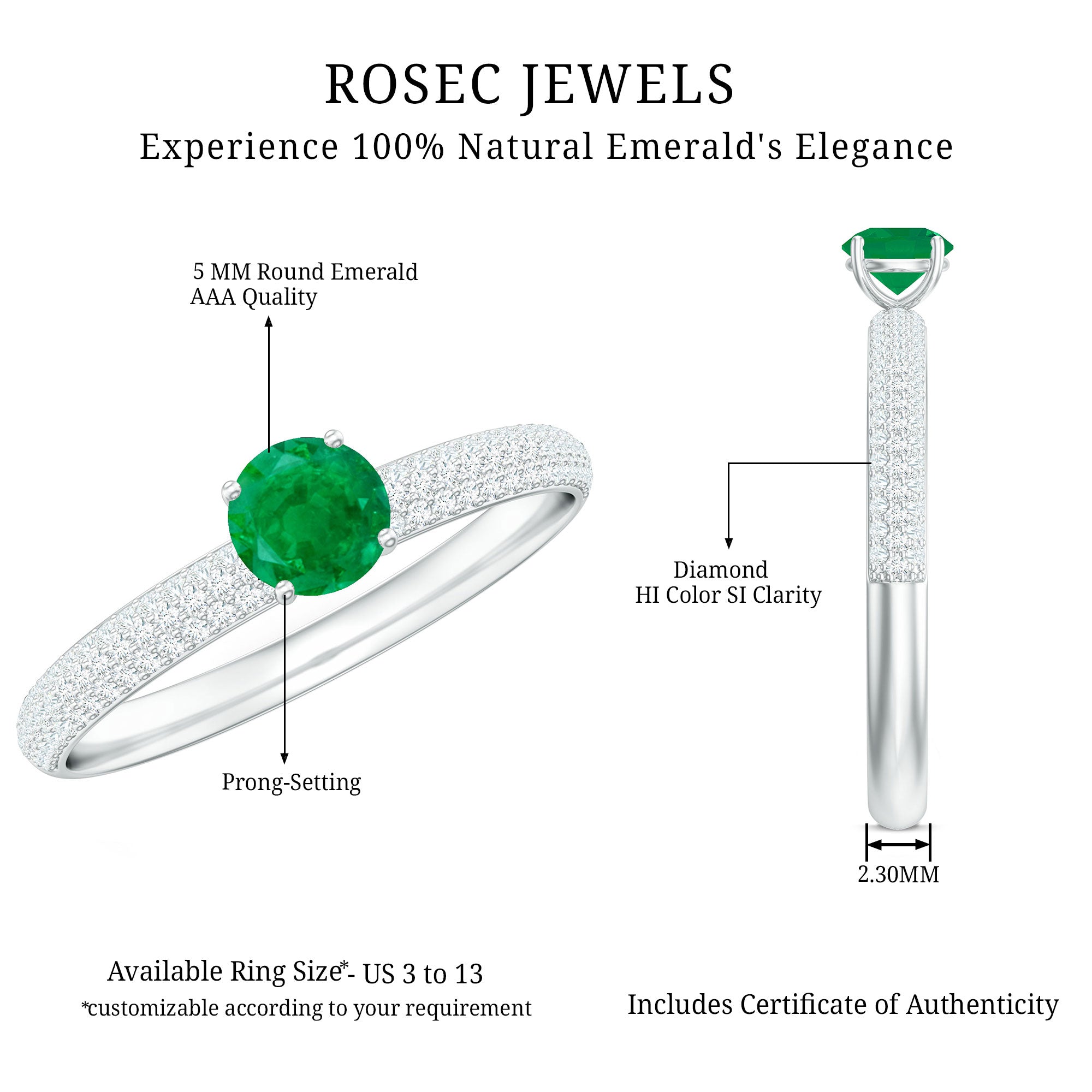 Classic Emerald Solitaire Engagement Ring with Real Diamond Side Stones AAA - Rosec Jewels