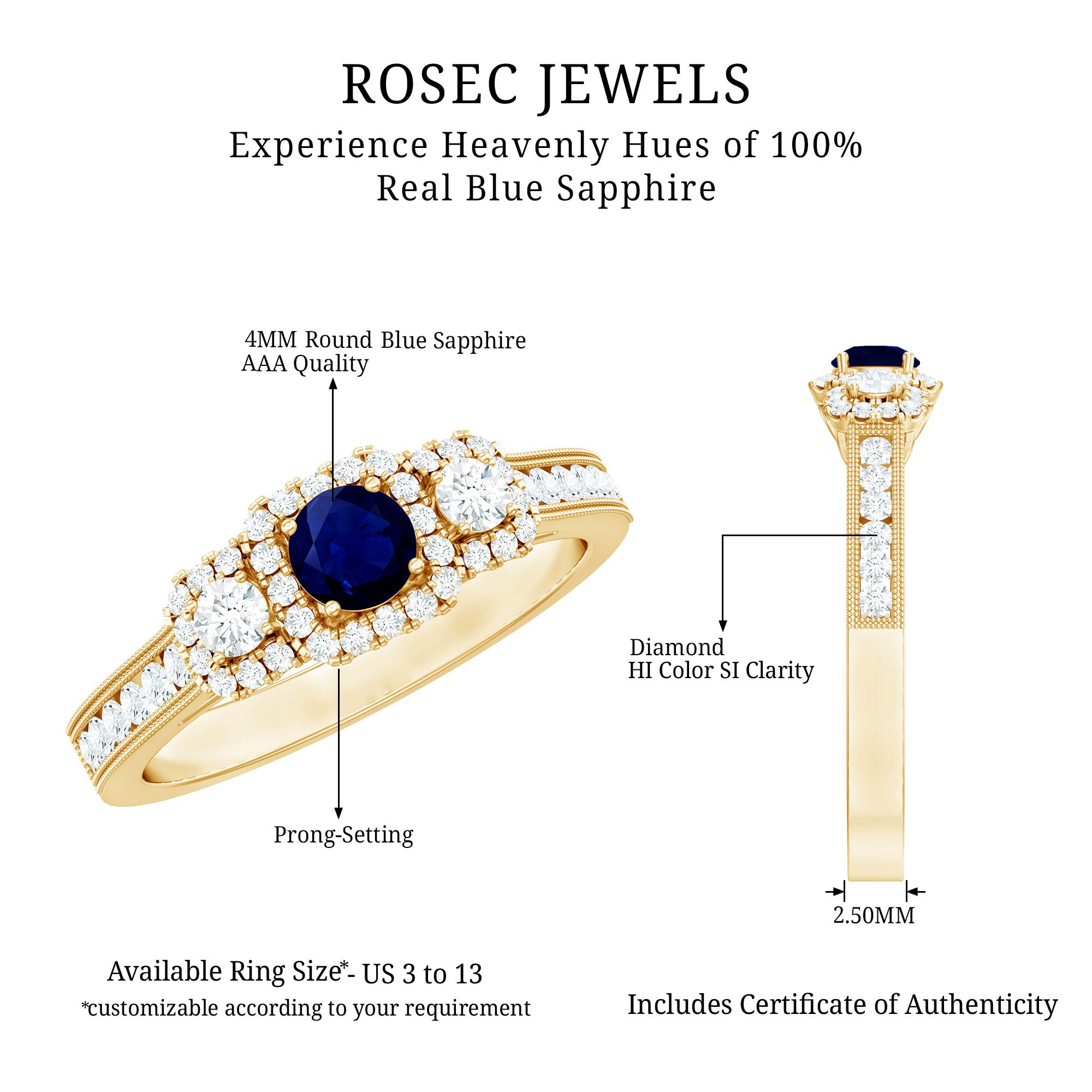 Vintage Inspired Blue Sapphire 3 Stone Engagement Ring with Diamond AAA - Rosec Jewels