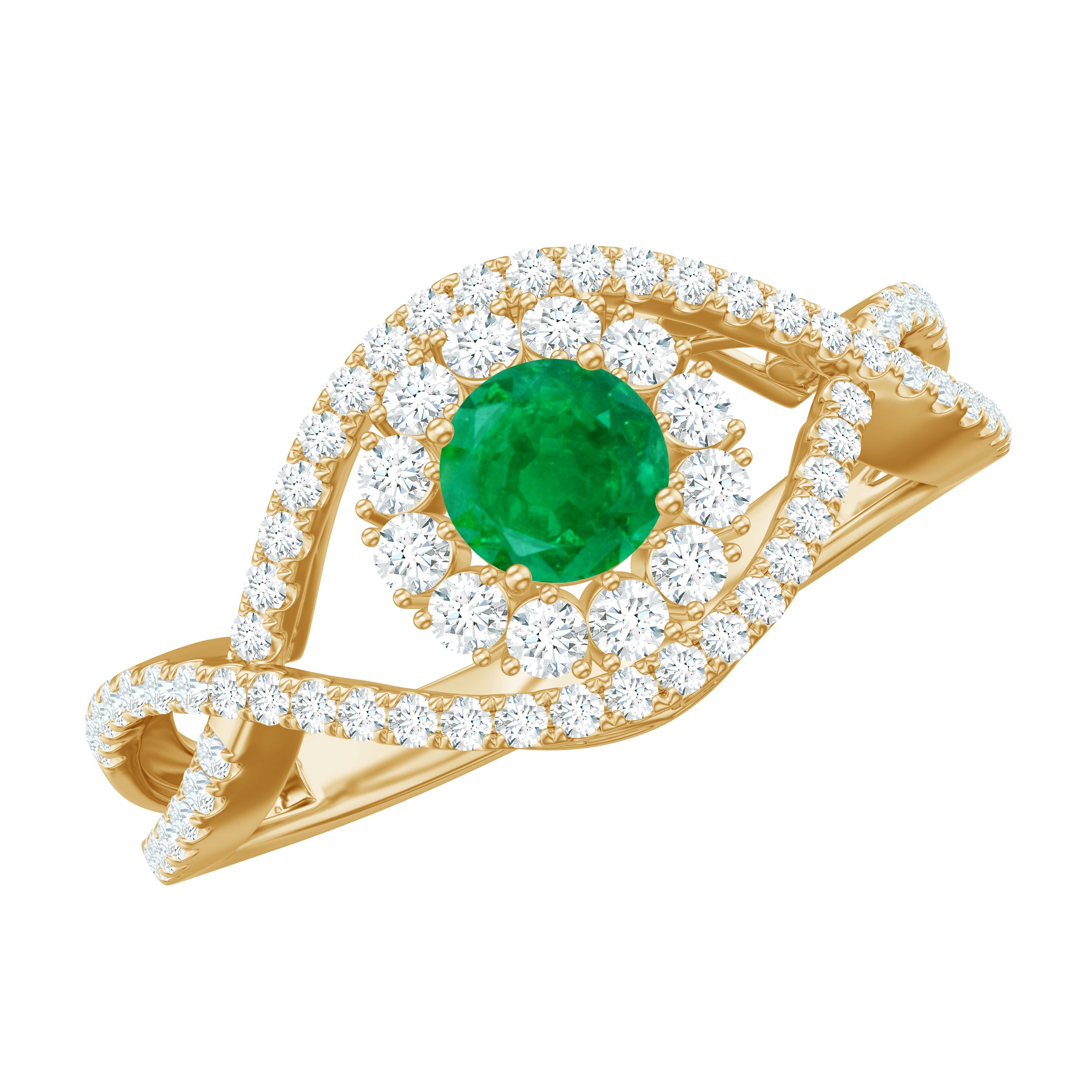 Natural Emerald Engagement Ring with Diamond Crossover Shank AAA - Rosec Jewels