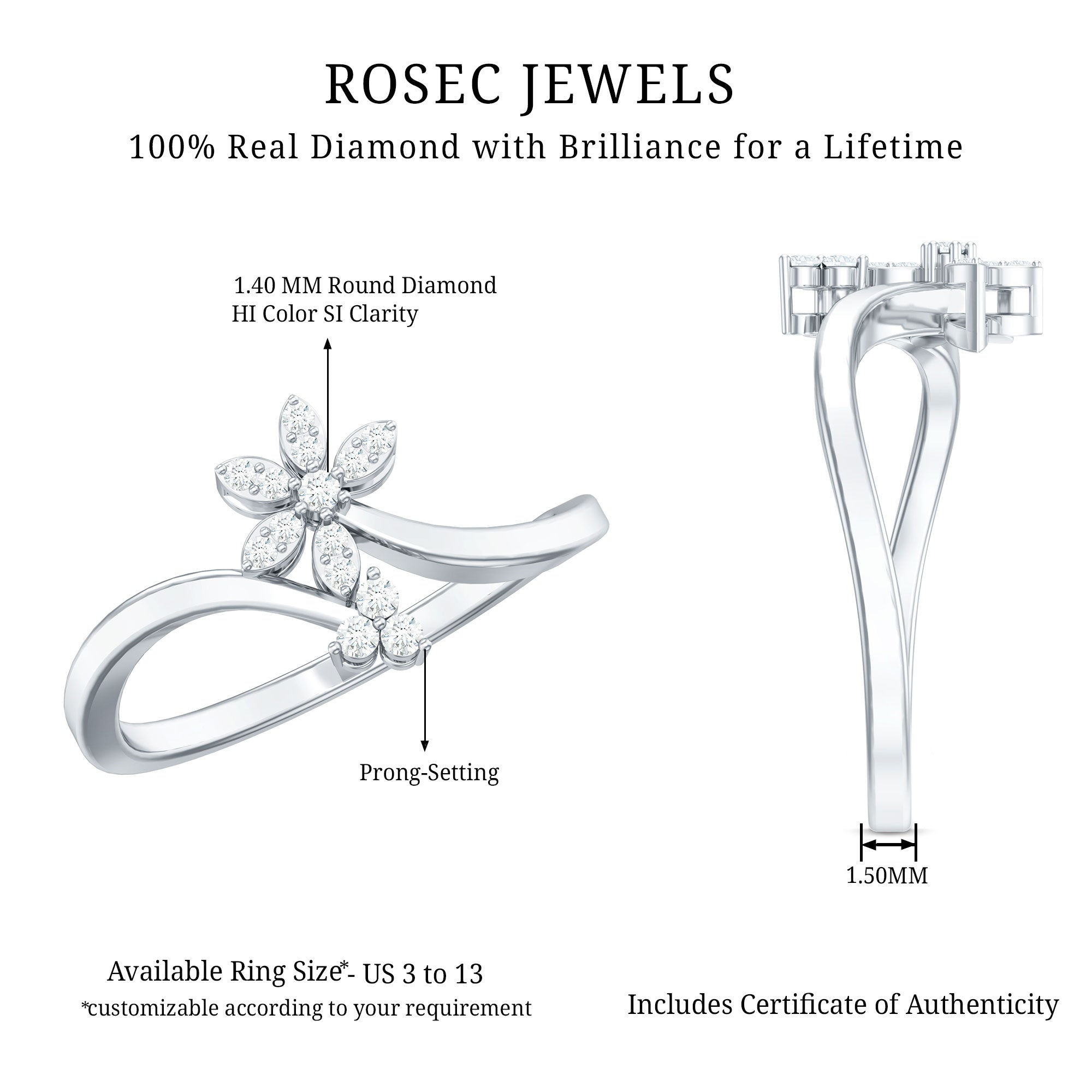 Diamond Floral Ring with Curved Shank Natural - ( HI-SI ) - Rosec Jewels
