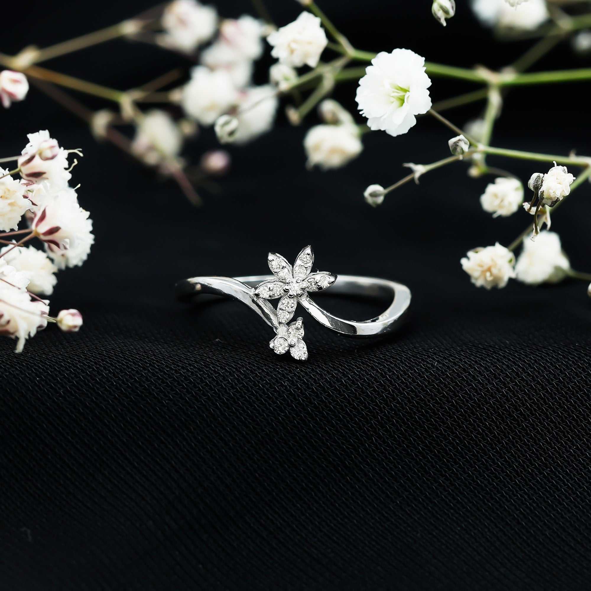 Diamond Floral Ring with Curved Shank Natural - ( HI-SI ) - Rosec Jewels