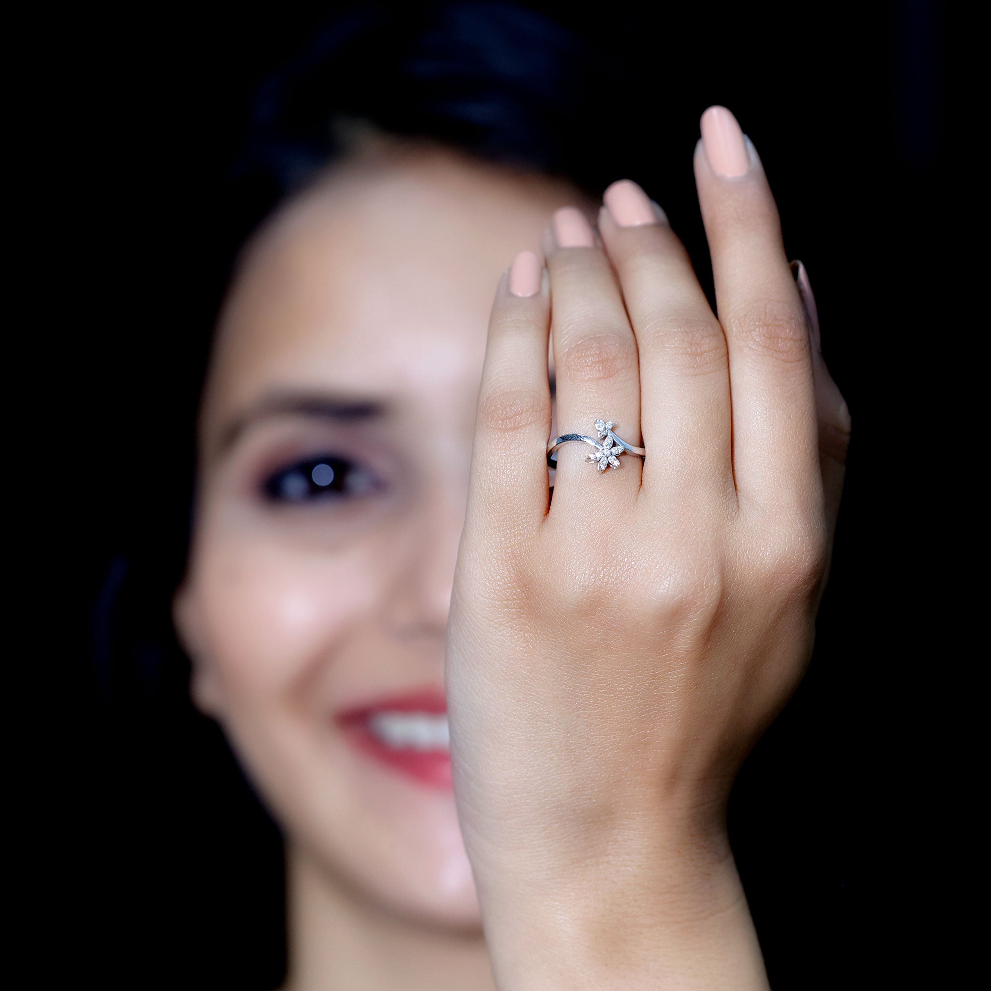 Diamond Floral Ring with Curved Shank Natural - ( HI-SI ) - Rosec Jewels