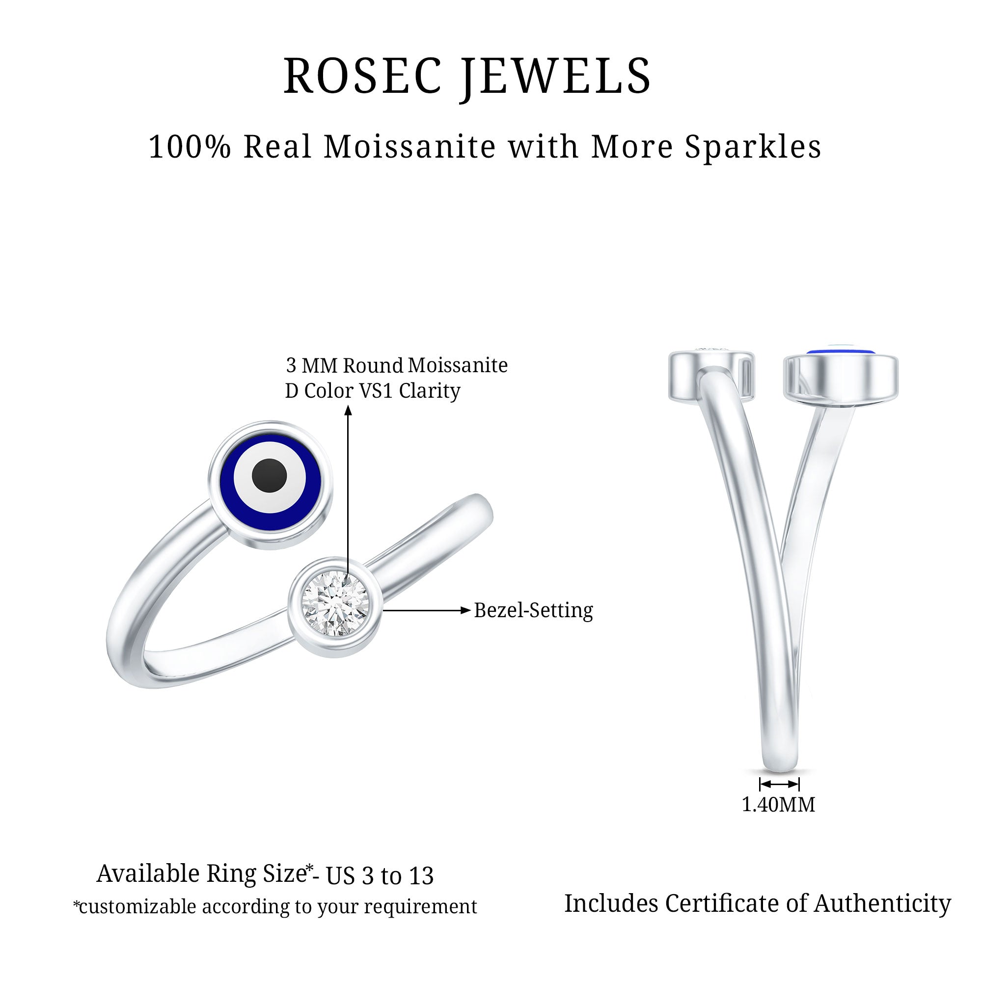Bezel Set Moissanite and Enameled Evil Eye Ring D-VS1 - Rosec Jewels