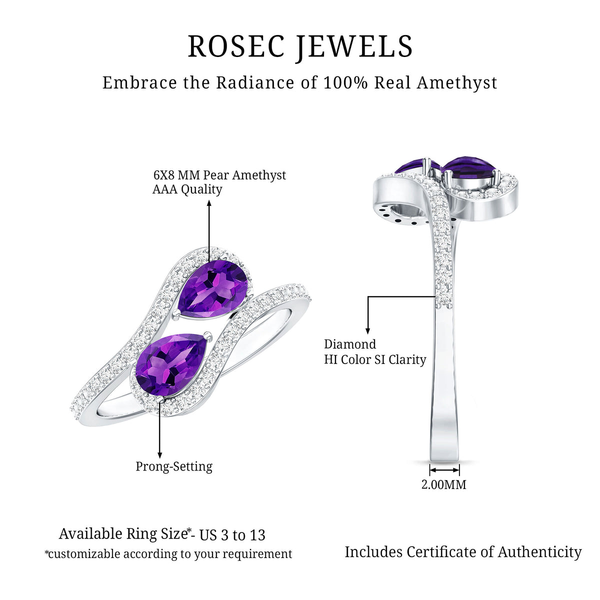 Vintage Inspired Amethyst 2 Stone Bypass Engagement Ring with Diamond AAA - Rosec Jewels