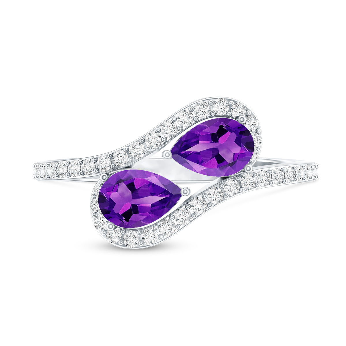 Vintage Inspired Amethyst 2 Stone Bypass Engagement Ring with Diamond AAA - Rosec Jewels
