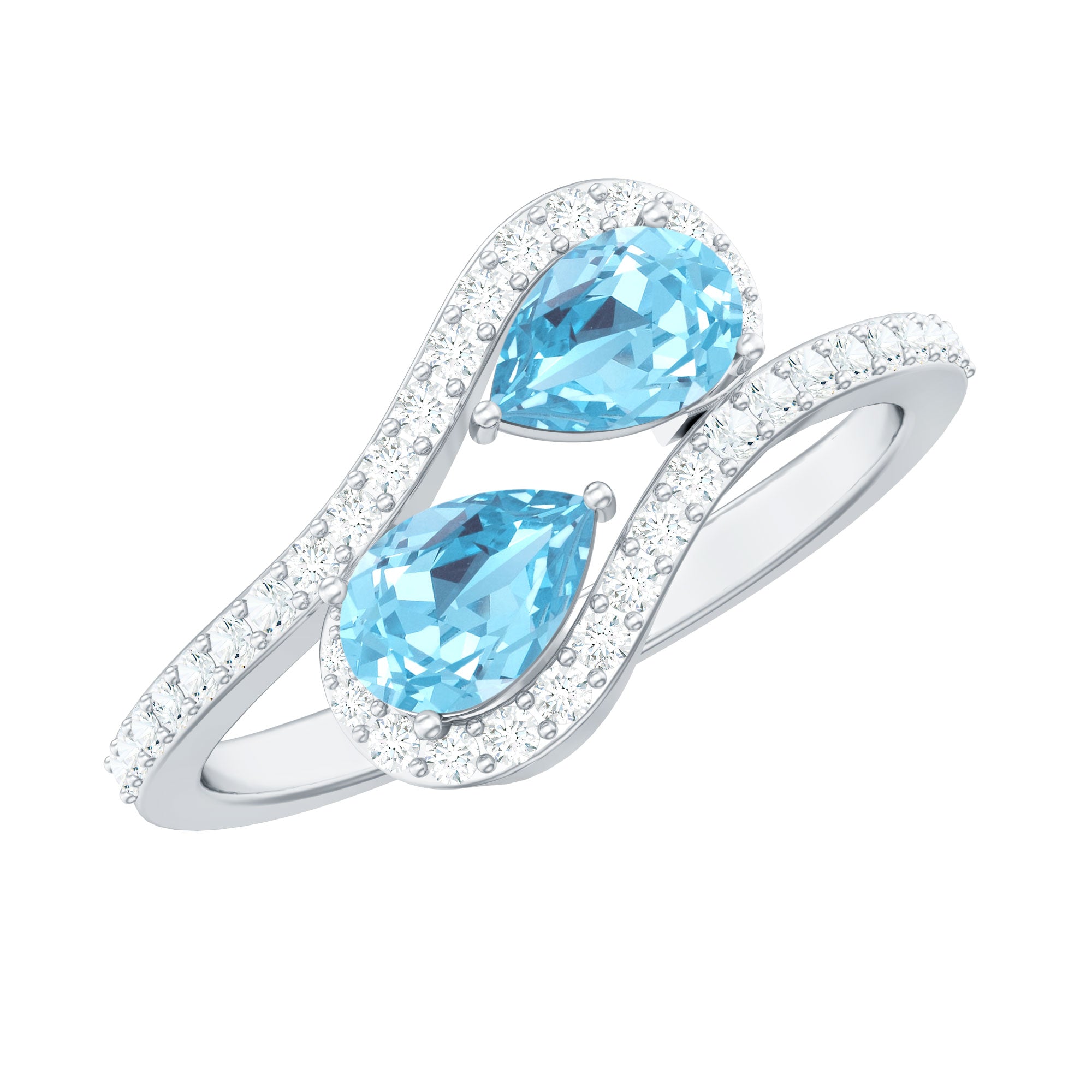 Genuine Aquamarine Two Stone Engagement Ring with Diamond AAA - Rosec Jewels