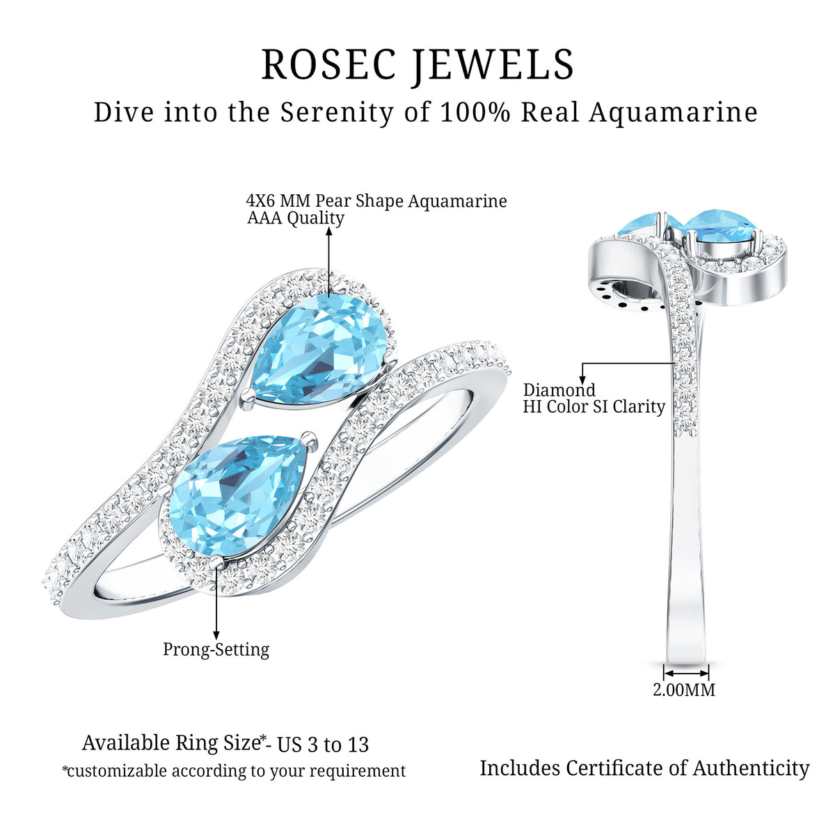 Genuine Aquamarine Two Stone Engagement Ring with Diamond AAA - Rosec Jewels