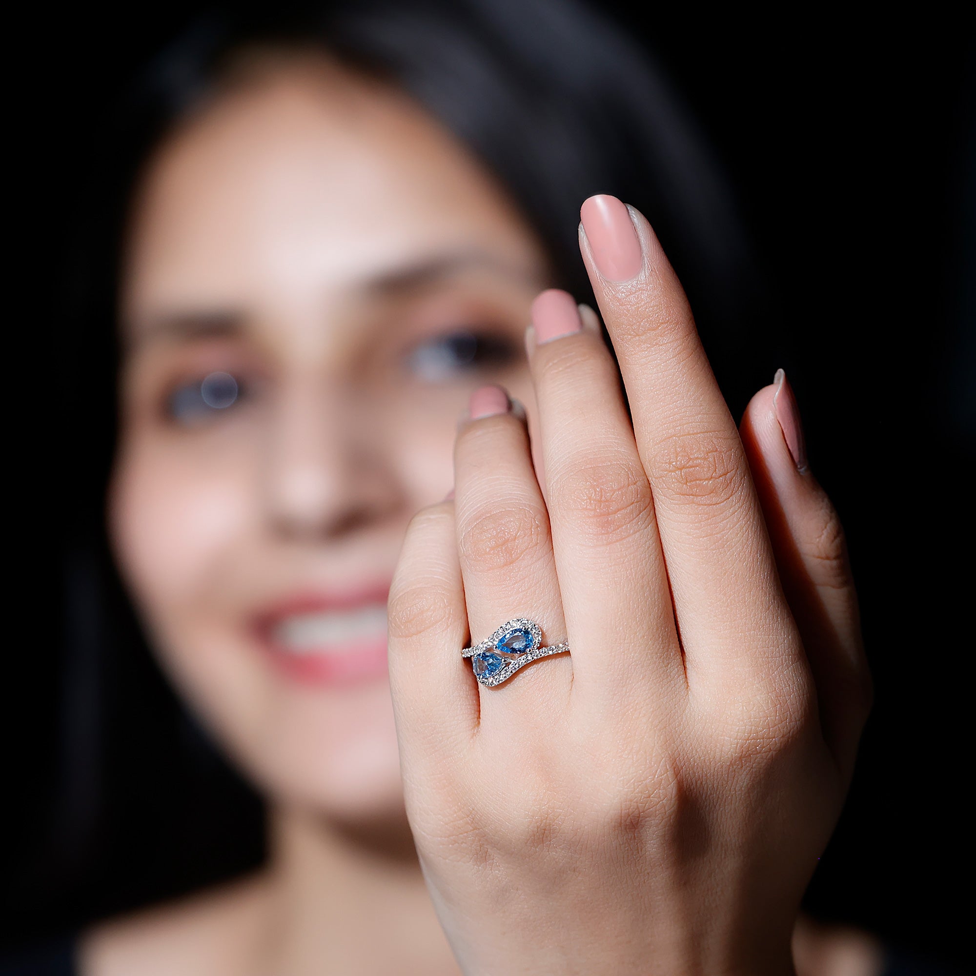 0.7 Carat Aquamarine Two Stone Engagement Ring with Diamond AAA - Rosec Jewels