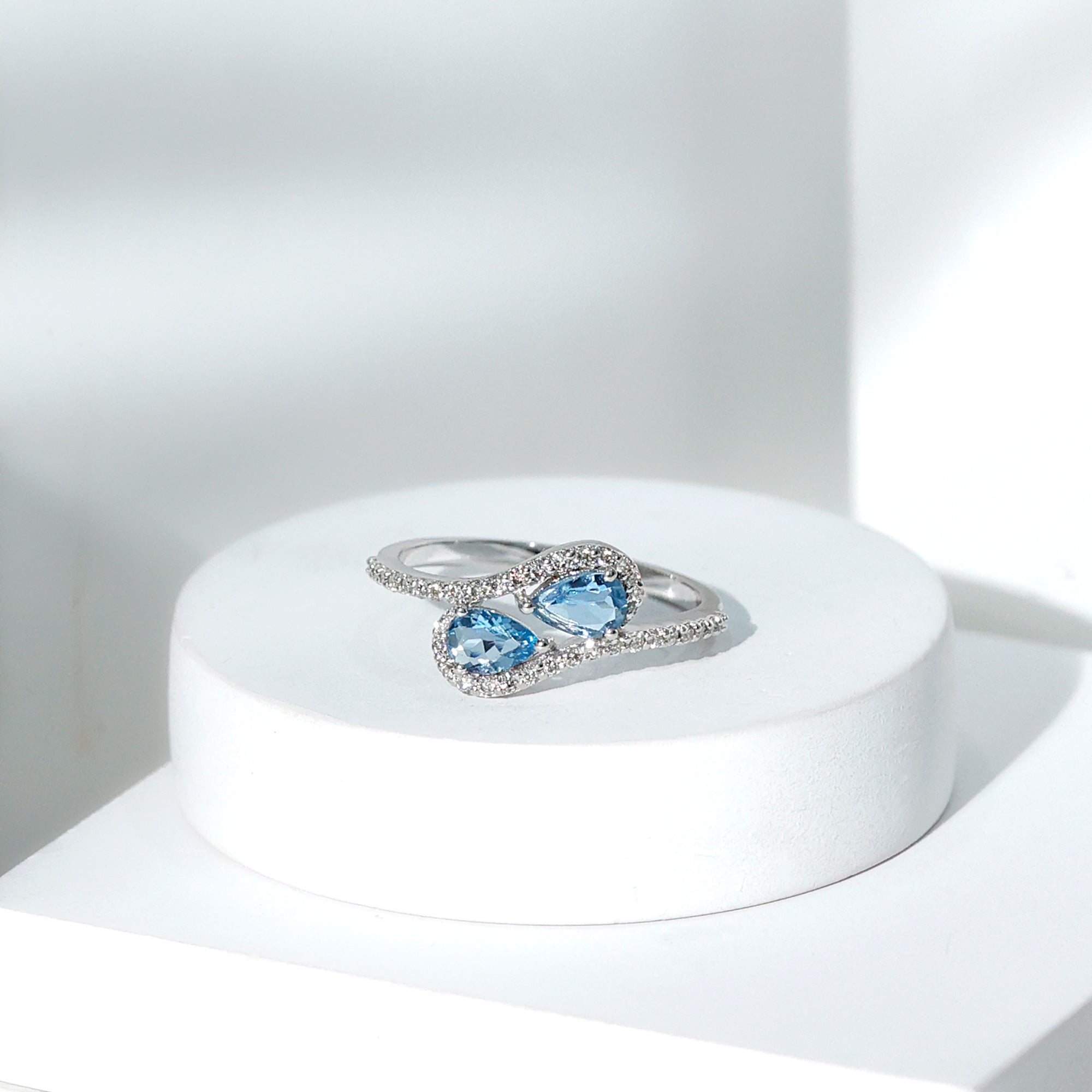 0.7 Carat Aquamarine Two Stone Engagement Ring with Diamond AAA - Rosec Jewels