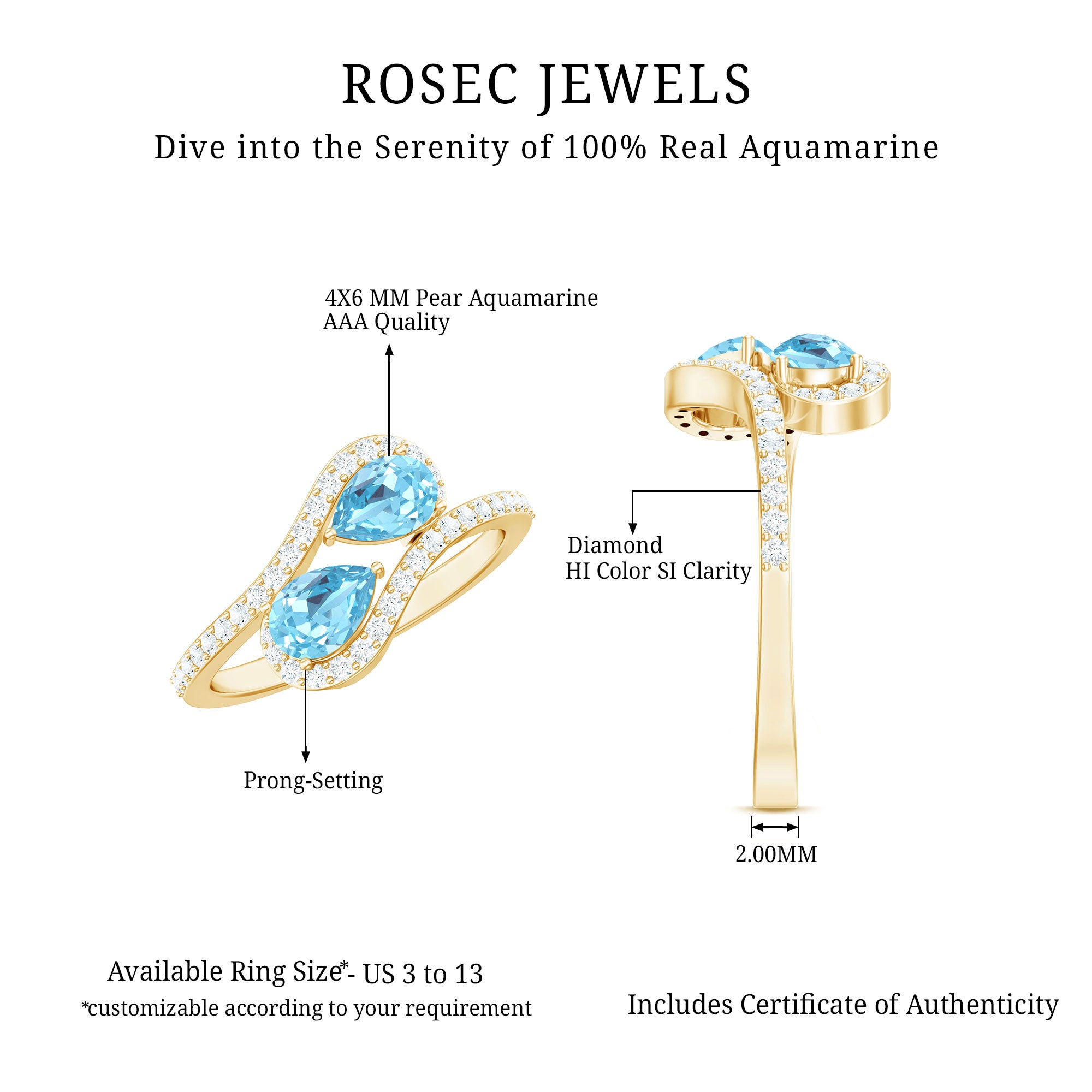 0.7 Carat Aquamarine Two Stone Engagement Ring with Diamond AAA - Rosec Jewels