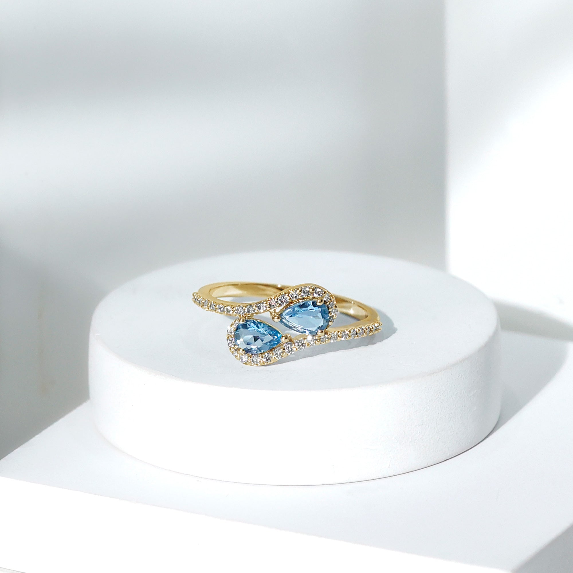 Genuine Aquamarine Two Stone Engagement Ring with Diamond AAA - Rosec Jewels