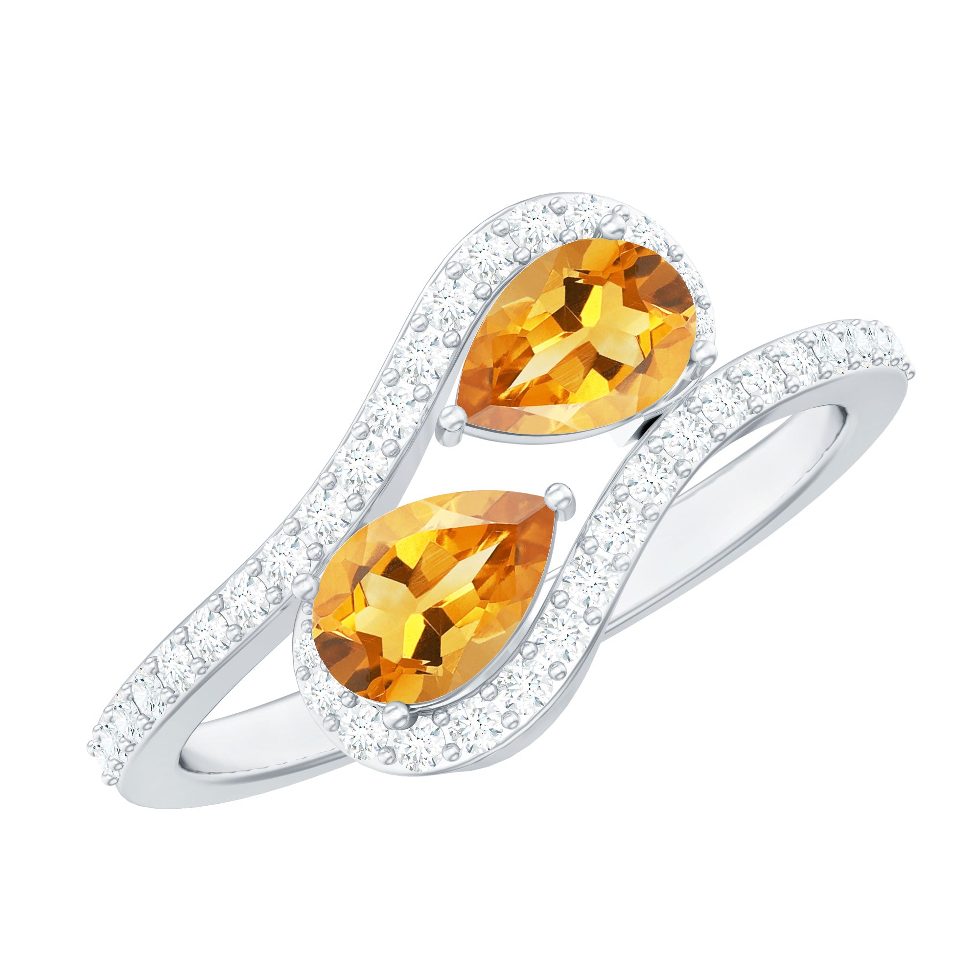 Rosec Jewels-Pear Shape Citrine Two Stone Engagement Ring with Diamond