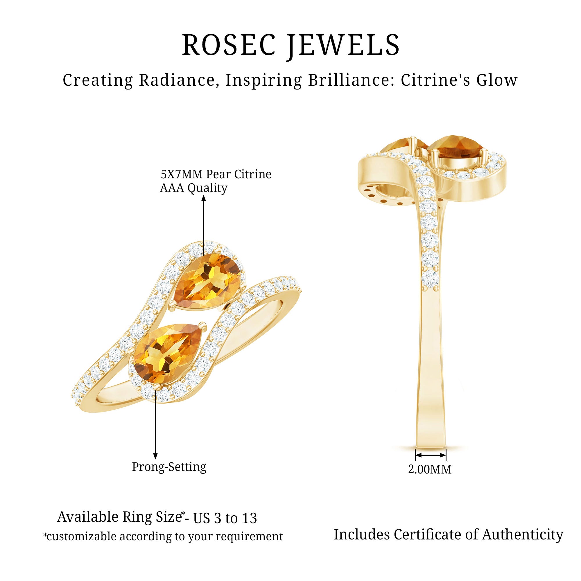Rosec Jewels-Pear Shape Citrine Two Stone Engagement Ring with Diamond