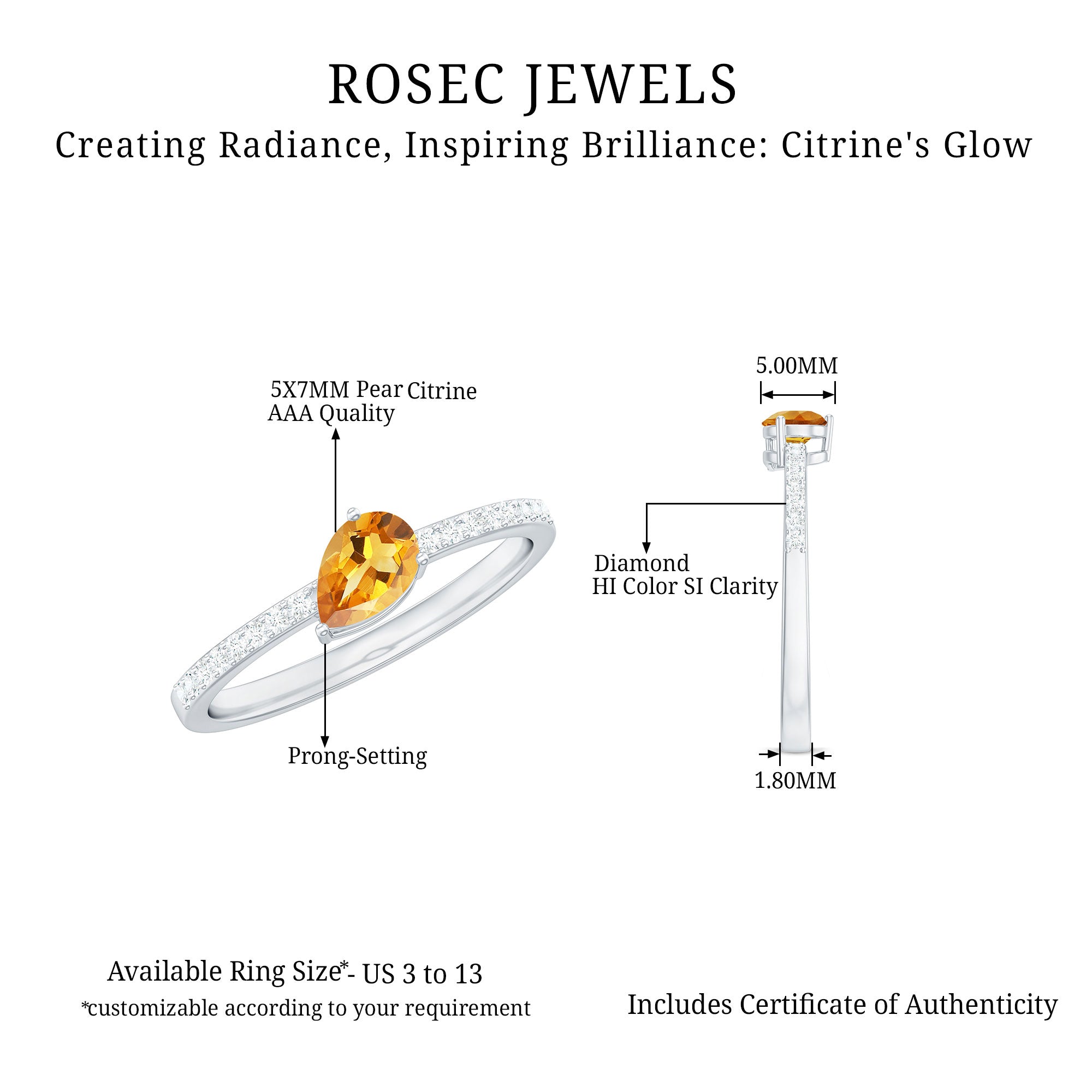 Natural Pear Shape Citrine Engagement Ring with Diamond AAA - Rosec Jewels