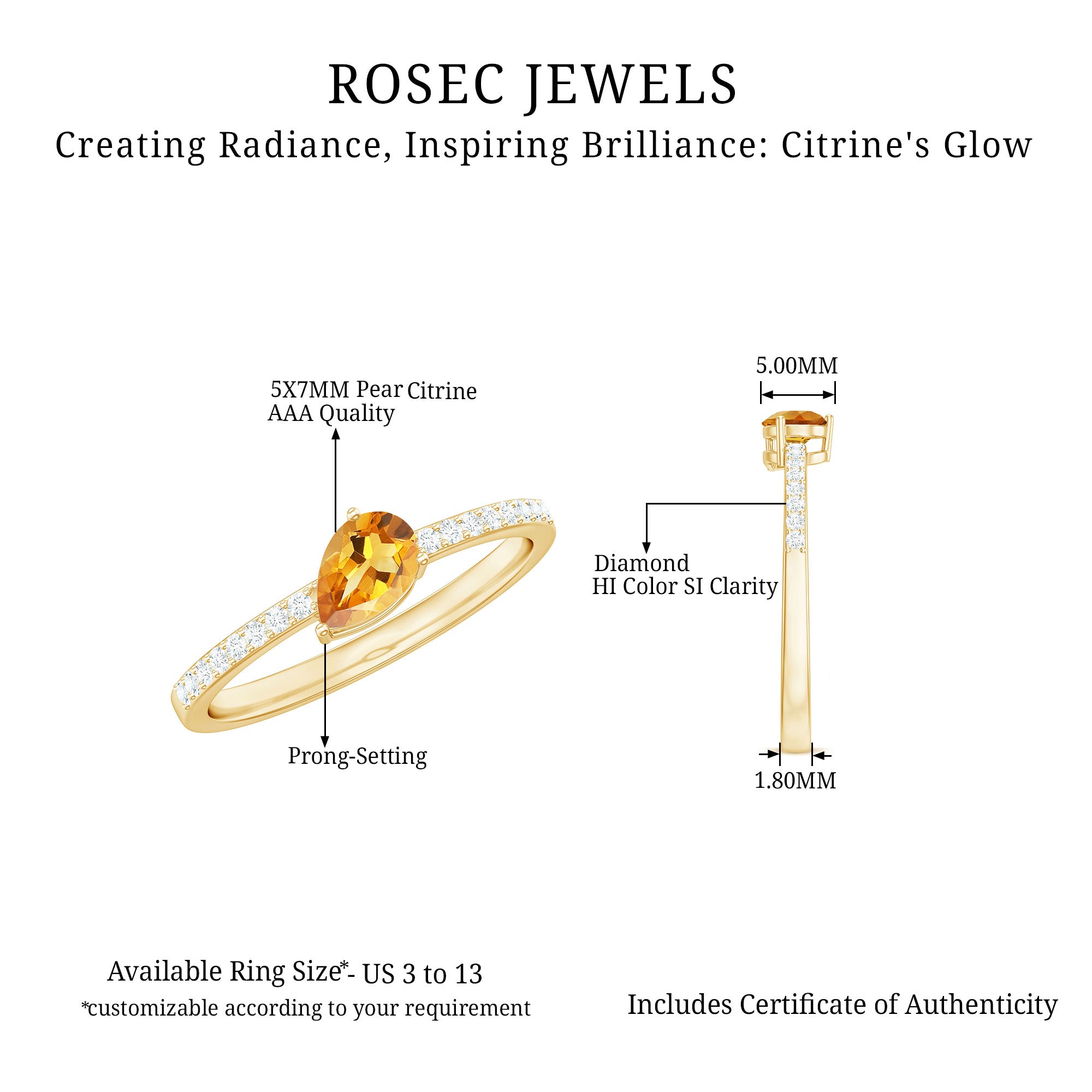 Natural Pear Shape Citrine Engagement Ring with Diamond AAA - Rosec Jewels