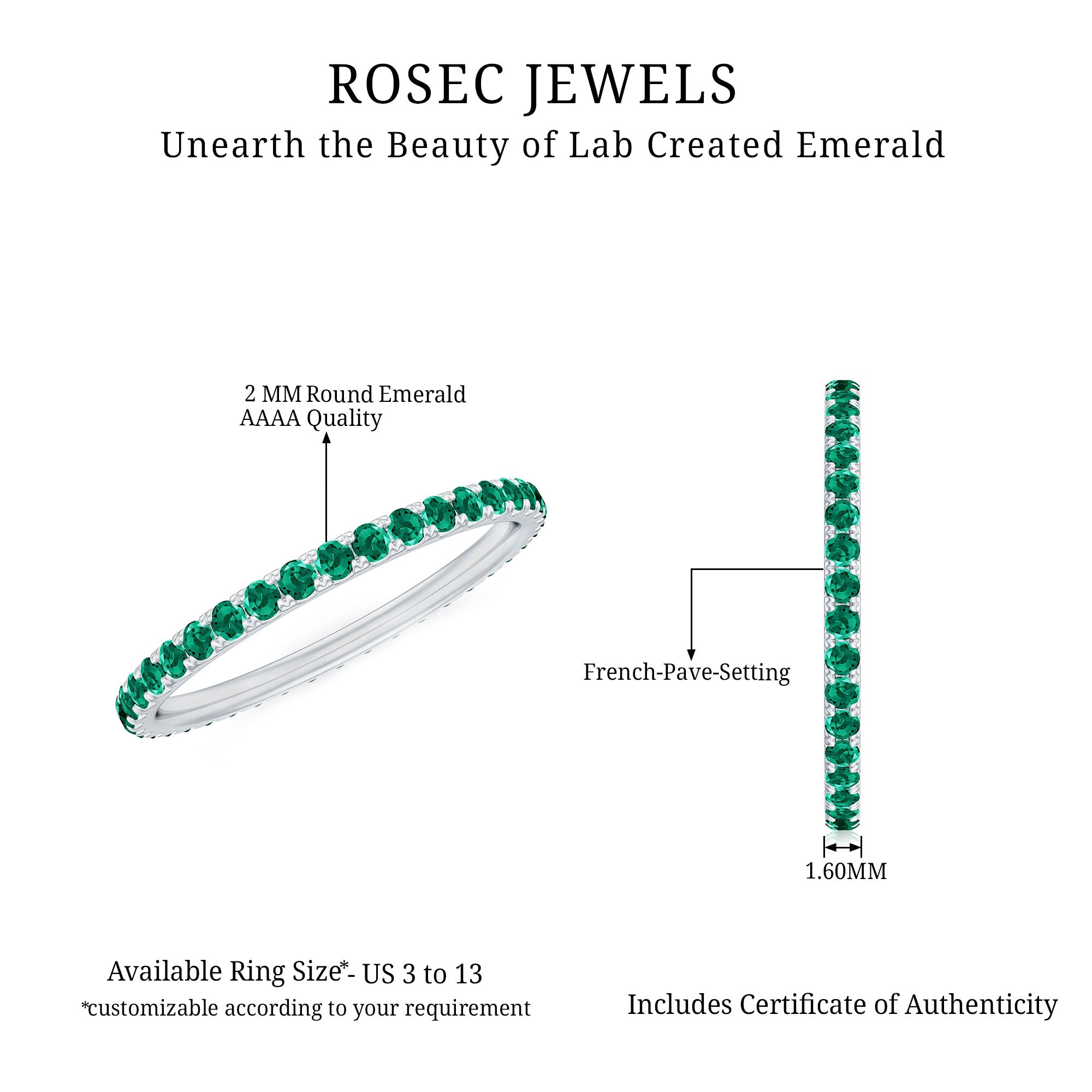 French Pave Set Lab Emerald Stackable Eternity Ring AAAA - Rosec Jewels