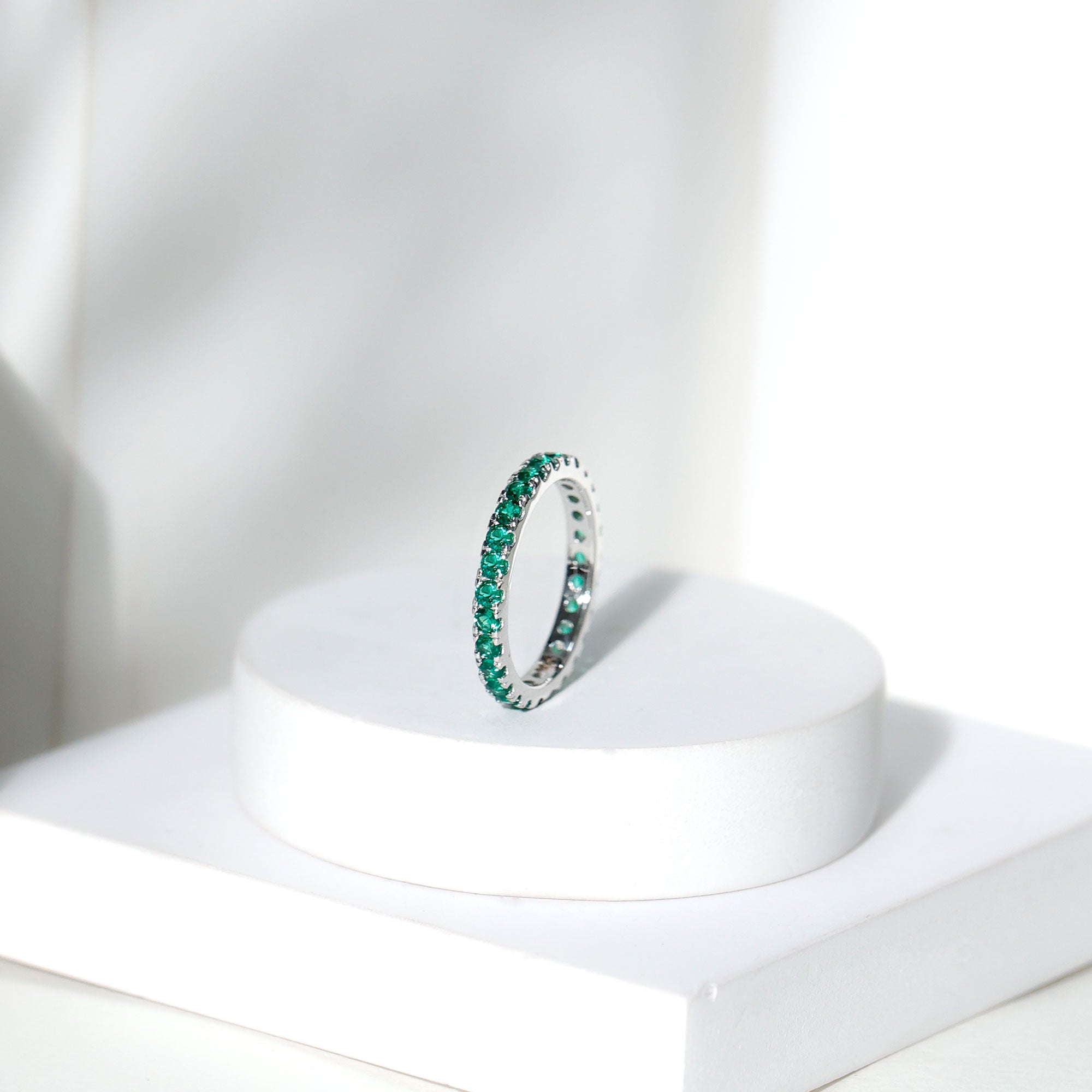 French Pave Set Lab Emerald Stackable Eternity Ring AAAA - Rosec Jewels