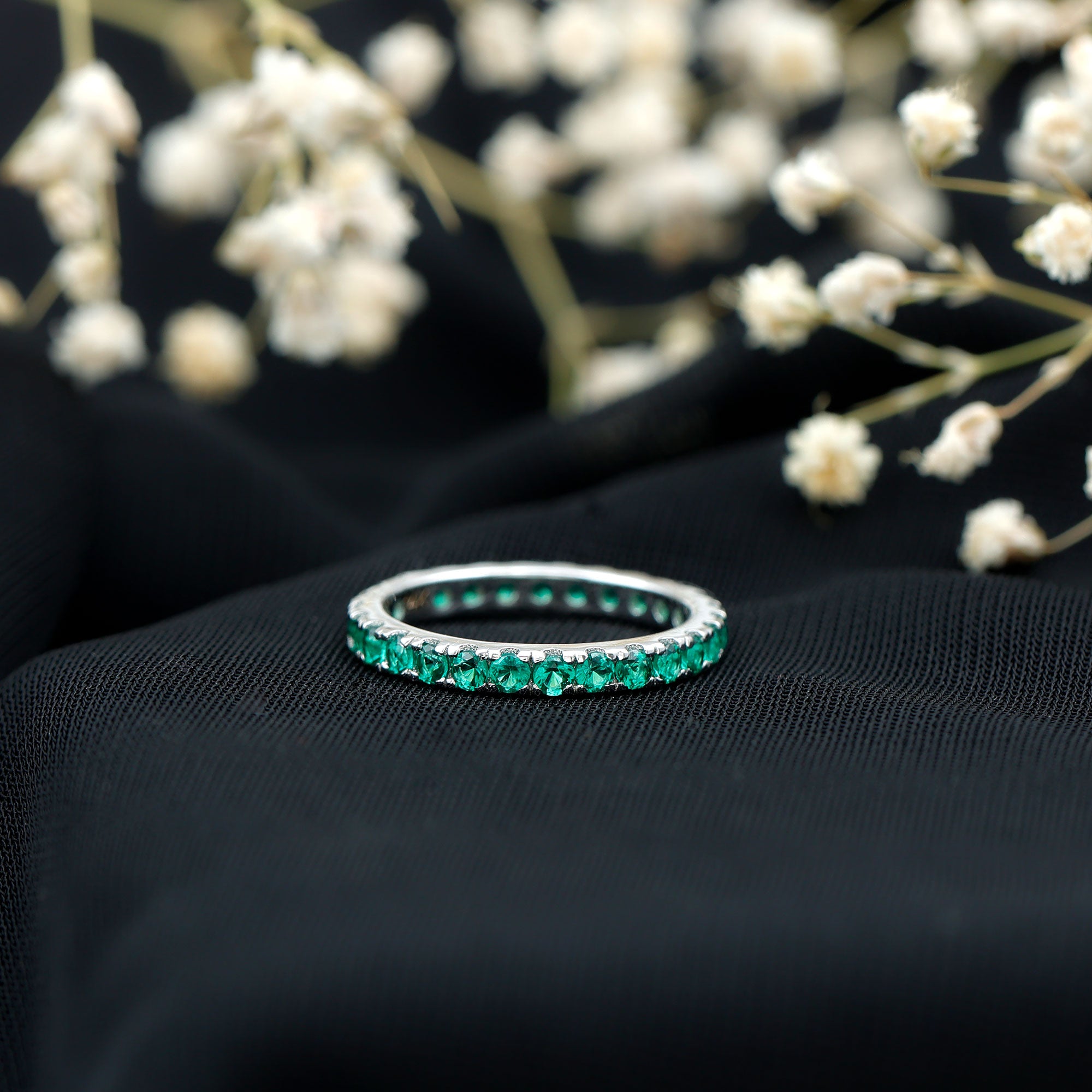 French Pave Set Lab Emerald Stackable Eternity Ring AAAA - Rosec Jewels