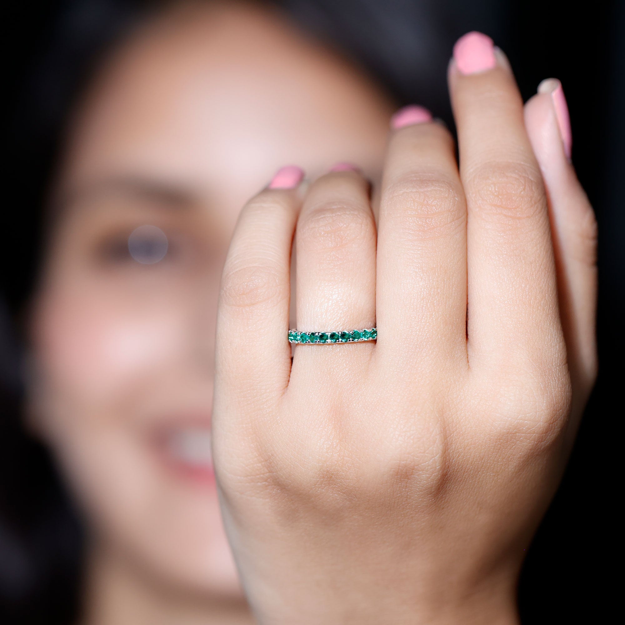 French Pave Set Lab Emerald Stackable Eternity Ring AAAA - Rosec Jewels