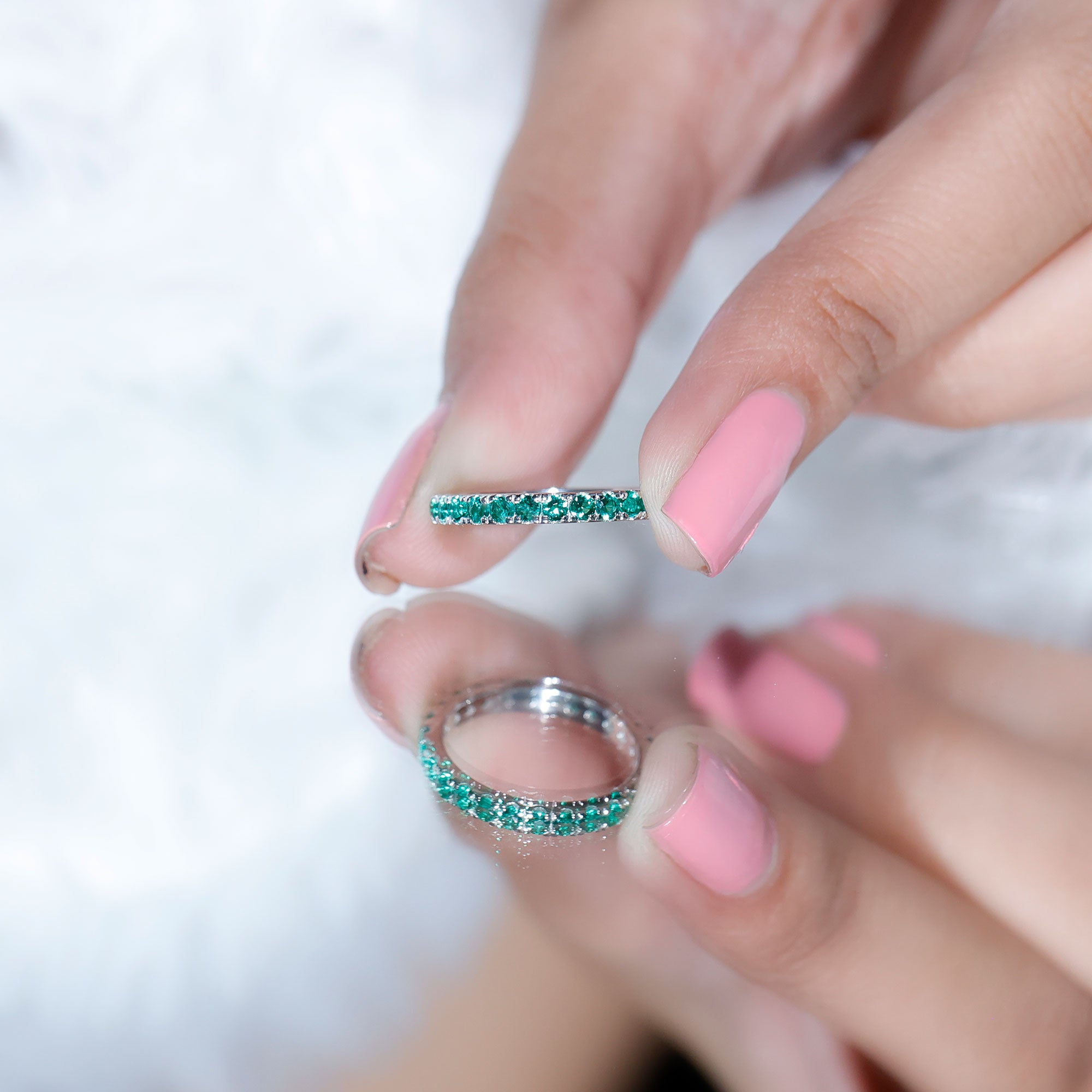 French Pave Set Lab Emerald Stackable Eternity Ring AAAA - Rosec Jewels