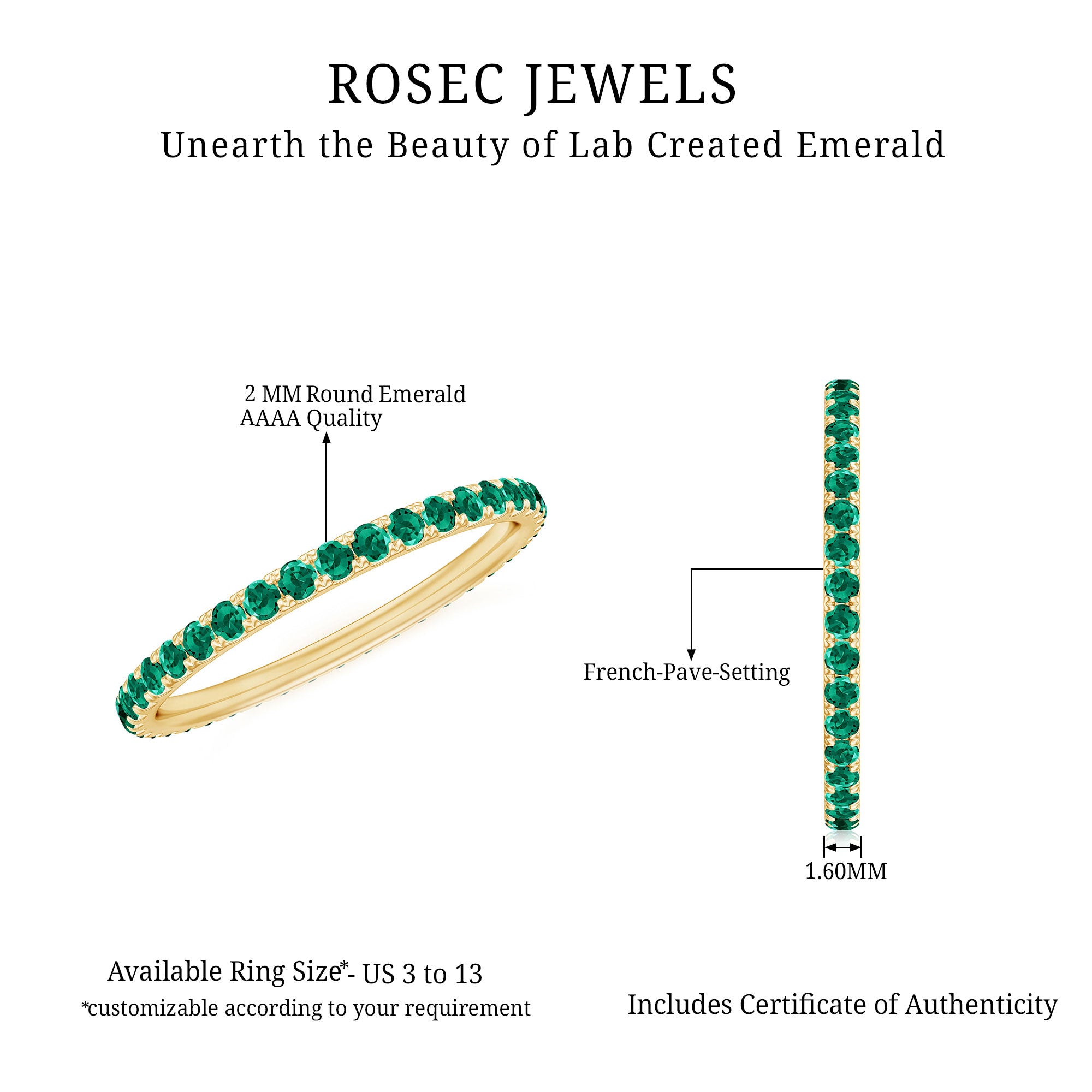 French Pave Set Lab Emerald Stackable Eternity Ring AAAA - Rosec Jewels