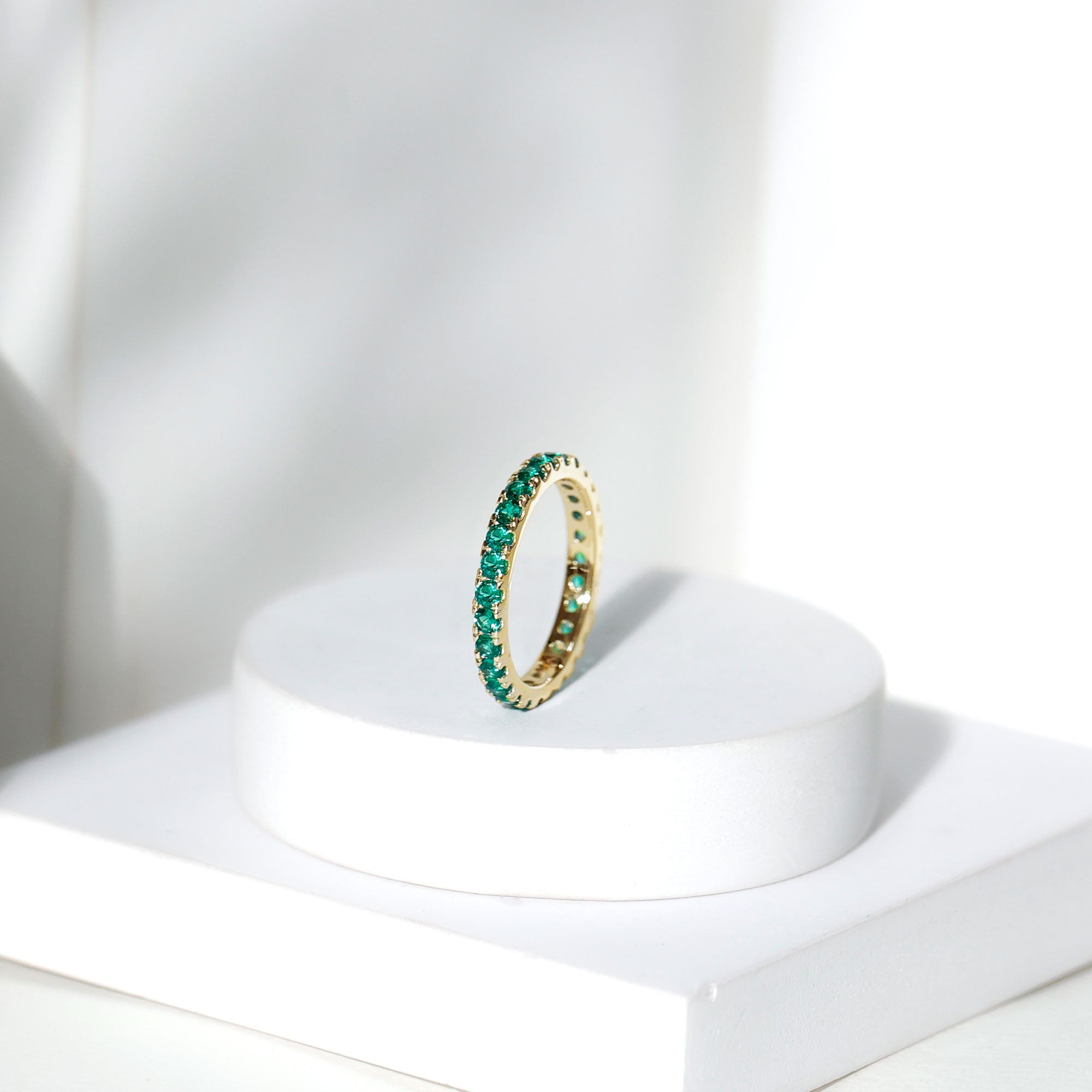 French Pave Set Lab Emerald Stackable Eternity Ring AAAA - Rosec Jewels