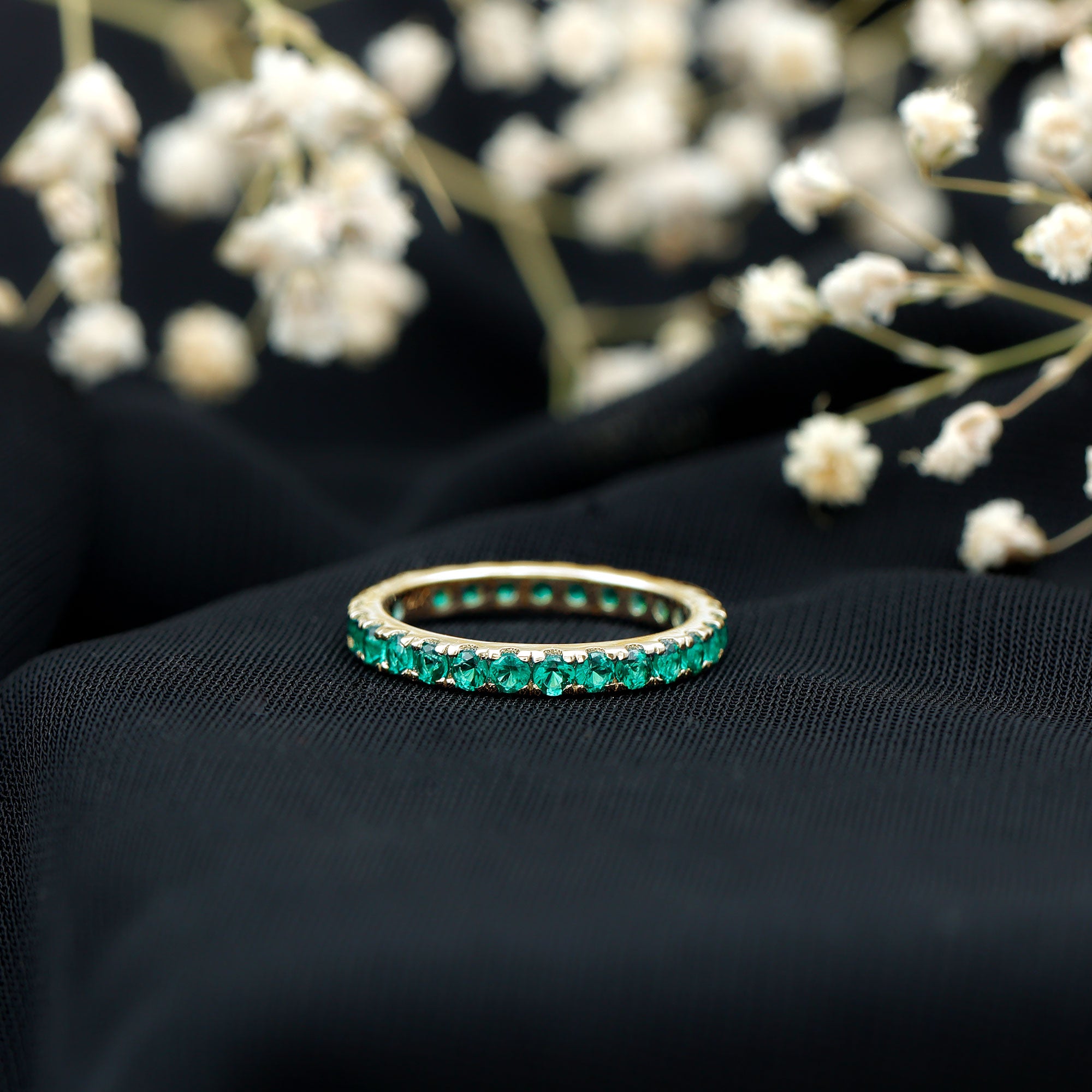 French Pave Set Lab Emerald Stackable Eternity Ring AAAA - Rosec Jewels