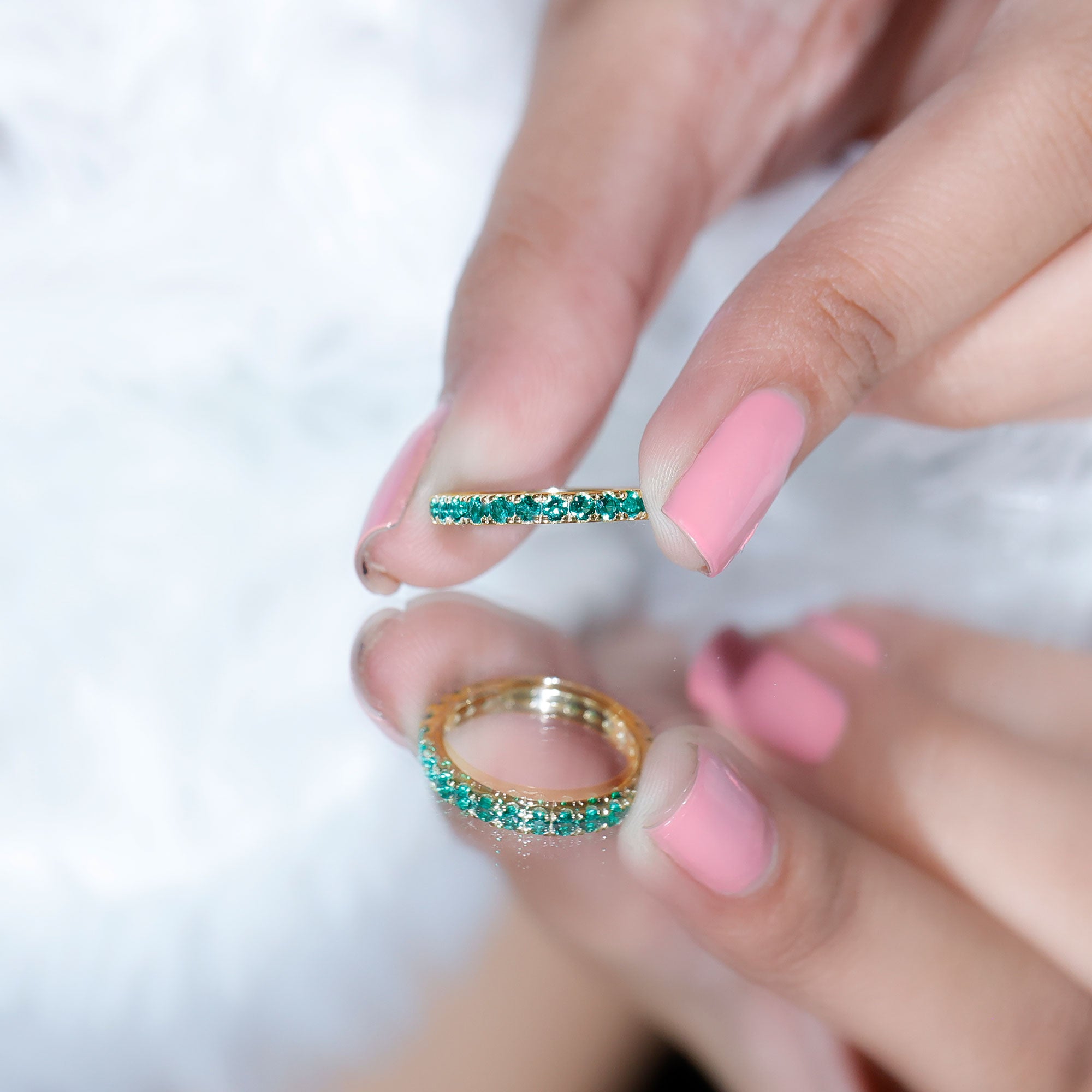 French Pave Set Lab Emerald Stackable Eternity Ring AAAA - Rosec Jewels