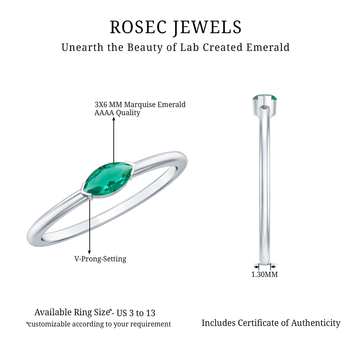 4X8 MM Marquise Lab Grown Emerald East West Promise Ring AAAA - Rosec Jewels