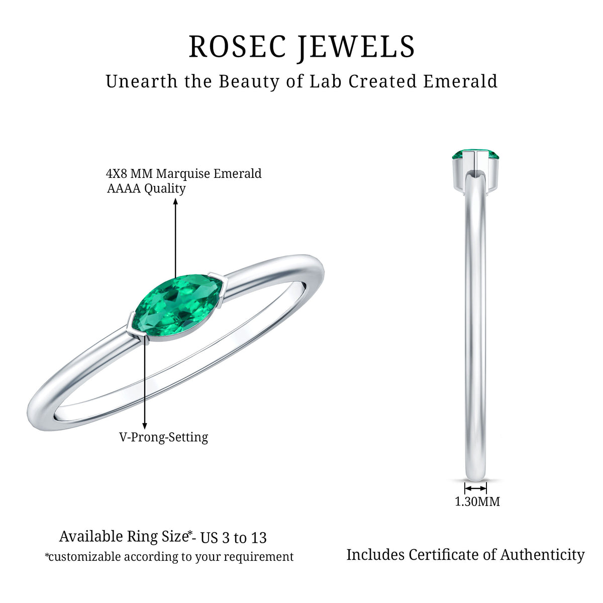 4X8 MM Marquise Lab Grown Emerald East West Promise Ring AAAA - Rosec Jewels