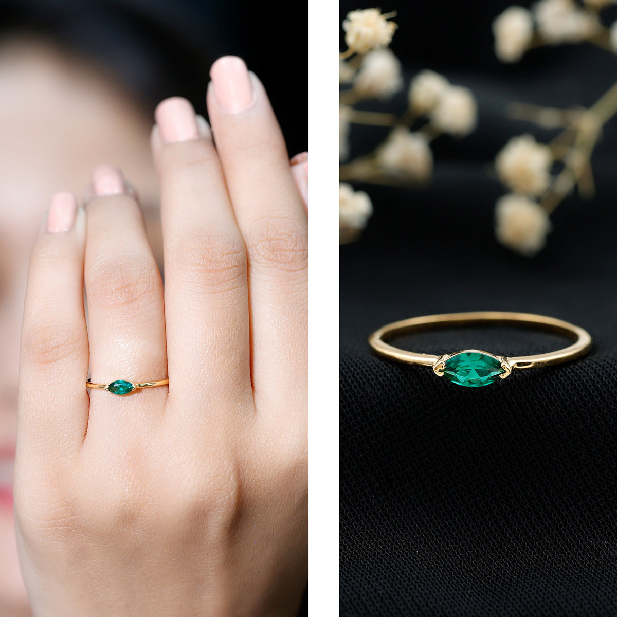 4X8 MM Marquise Lab Grown Emerald East West Promise Ring AAAA - Rosec Jewels