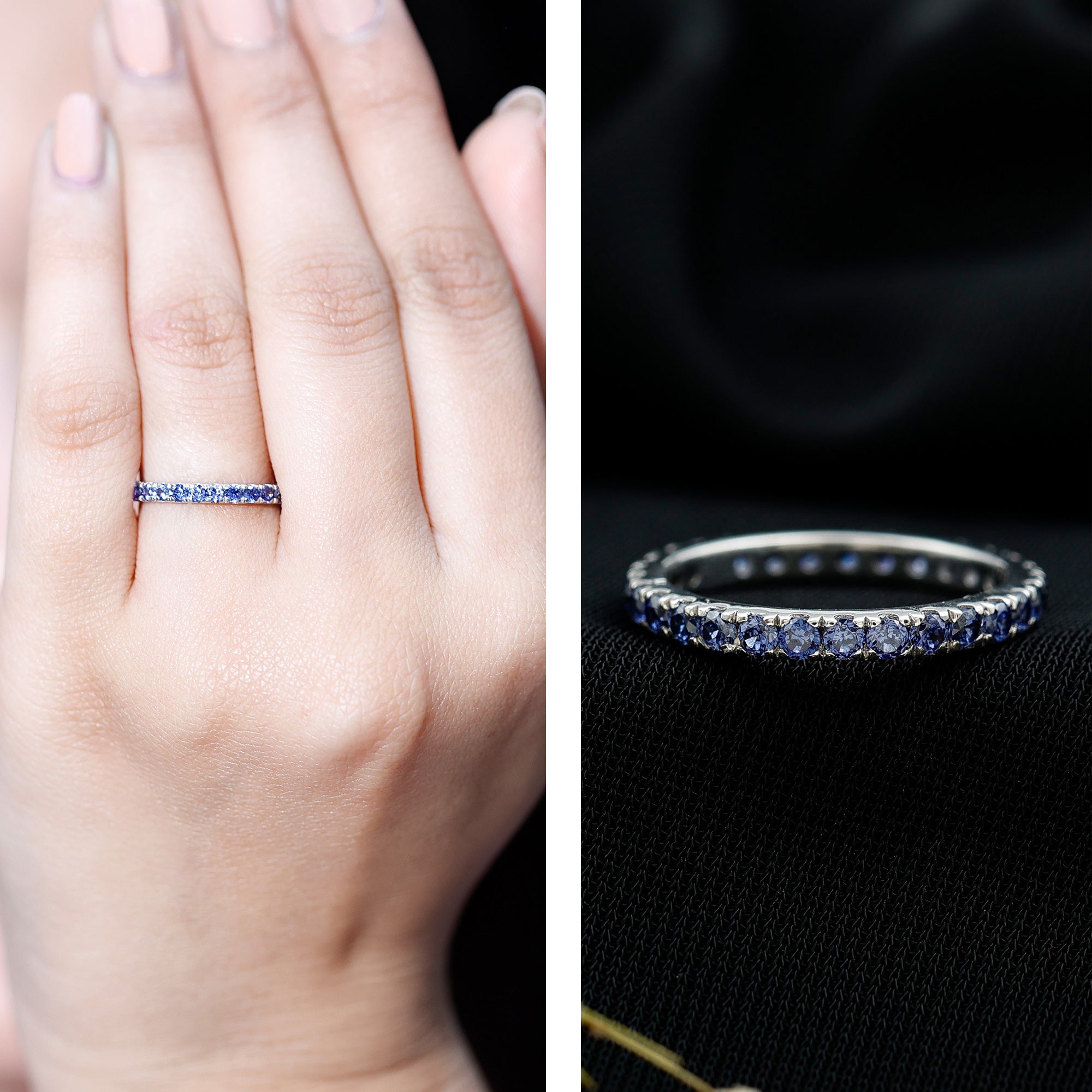 Certified Lab Created Blue Sapphire Full Eternity Stackable Ring AAAA - Rosec Jewels