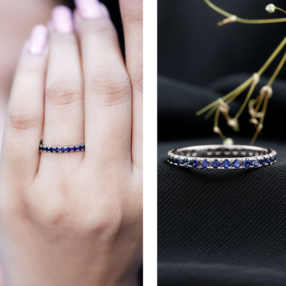 Certified Lab Created Blue Sapphire Full Eternity Stackable Ring AAAA - Rosec Jewels