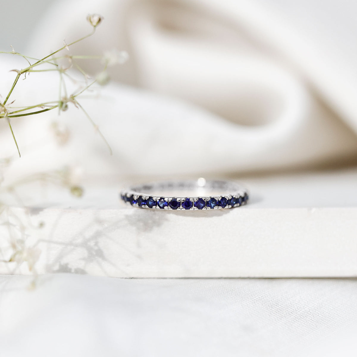 Certified Lab Created Blue Sapphire Full Eternity Stackable Ring AAAA - Rosec Jewels