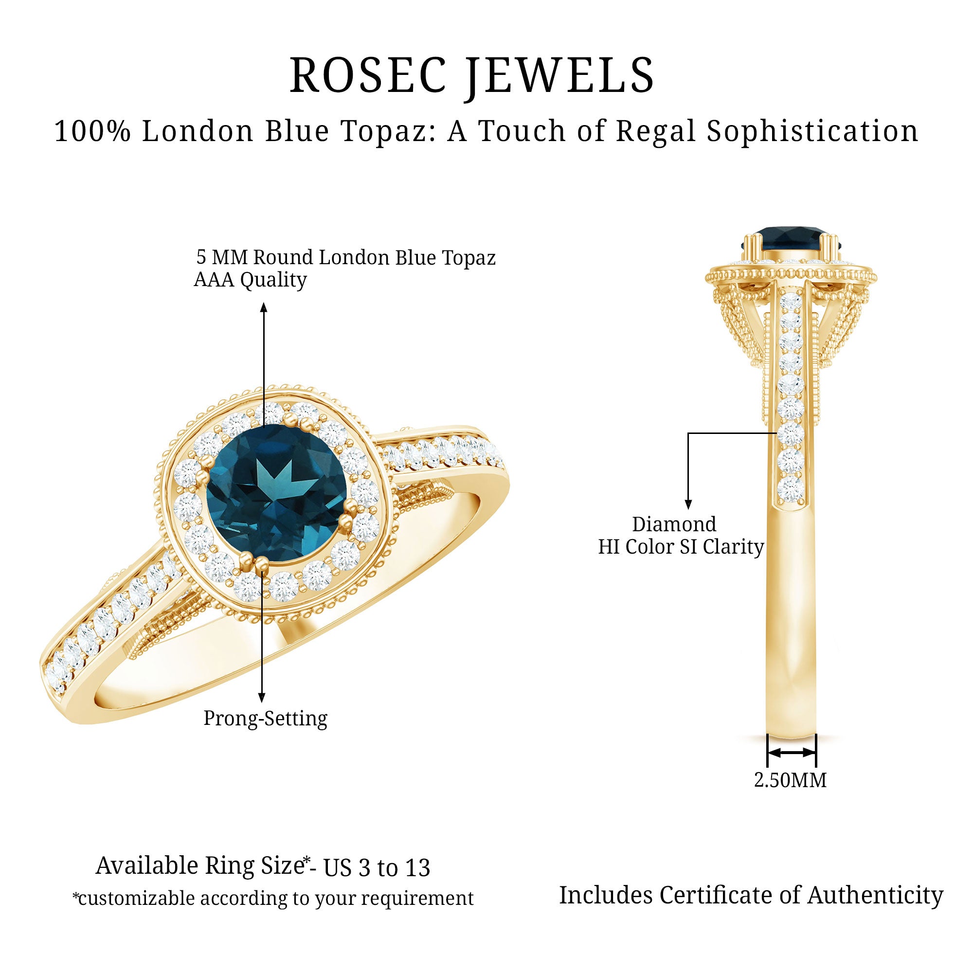 Rosec Jewels-Vintage Looking London Blue Topaz Engagement Ring with Diamond Halo