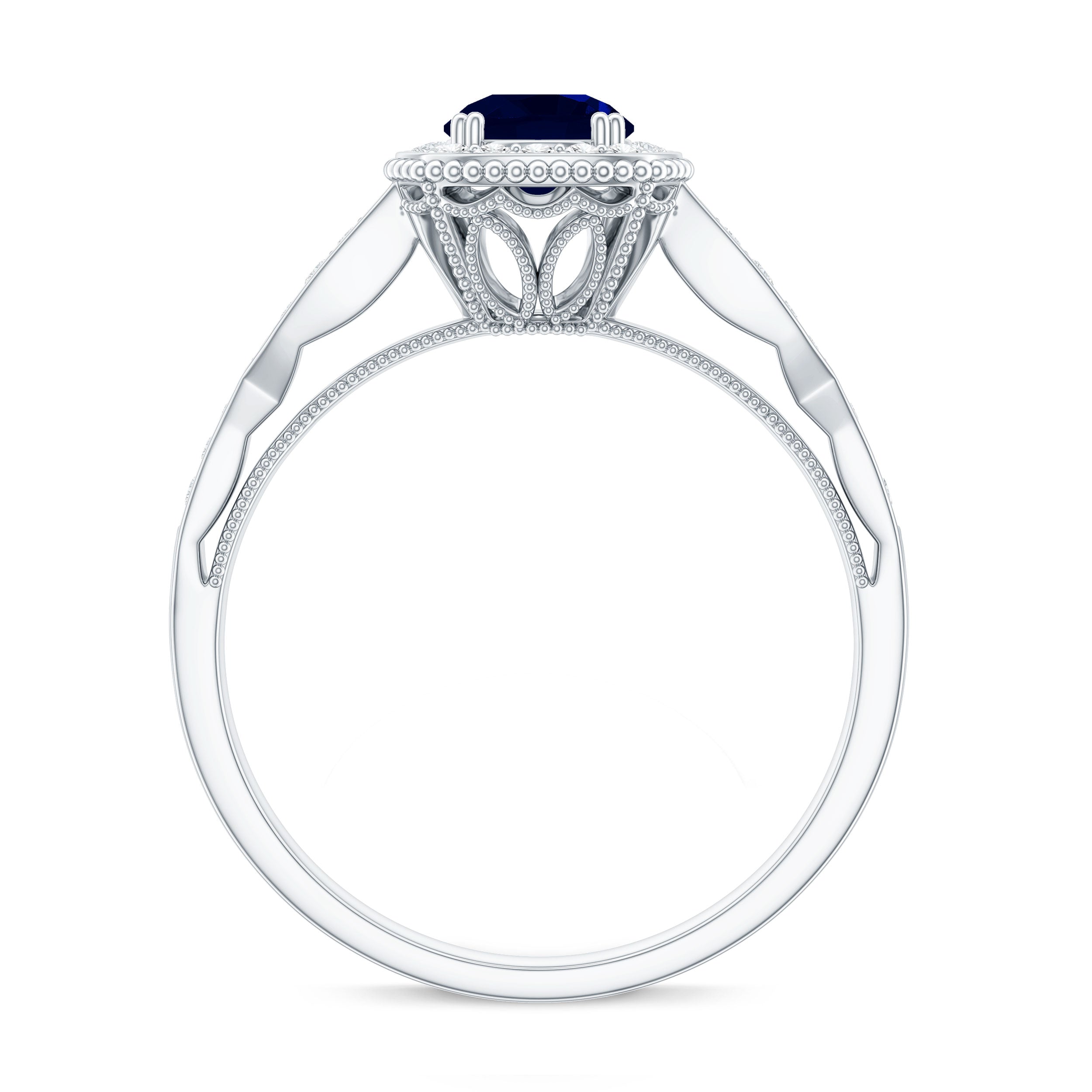 Round 0.9 Carat Blue Sapphire Antique Engagement Ring with Diamond Halo AAA - Rosec Jewels