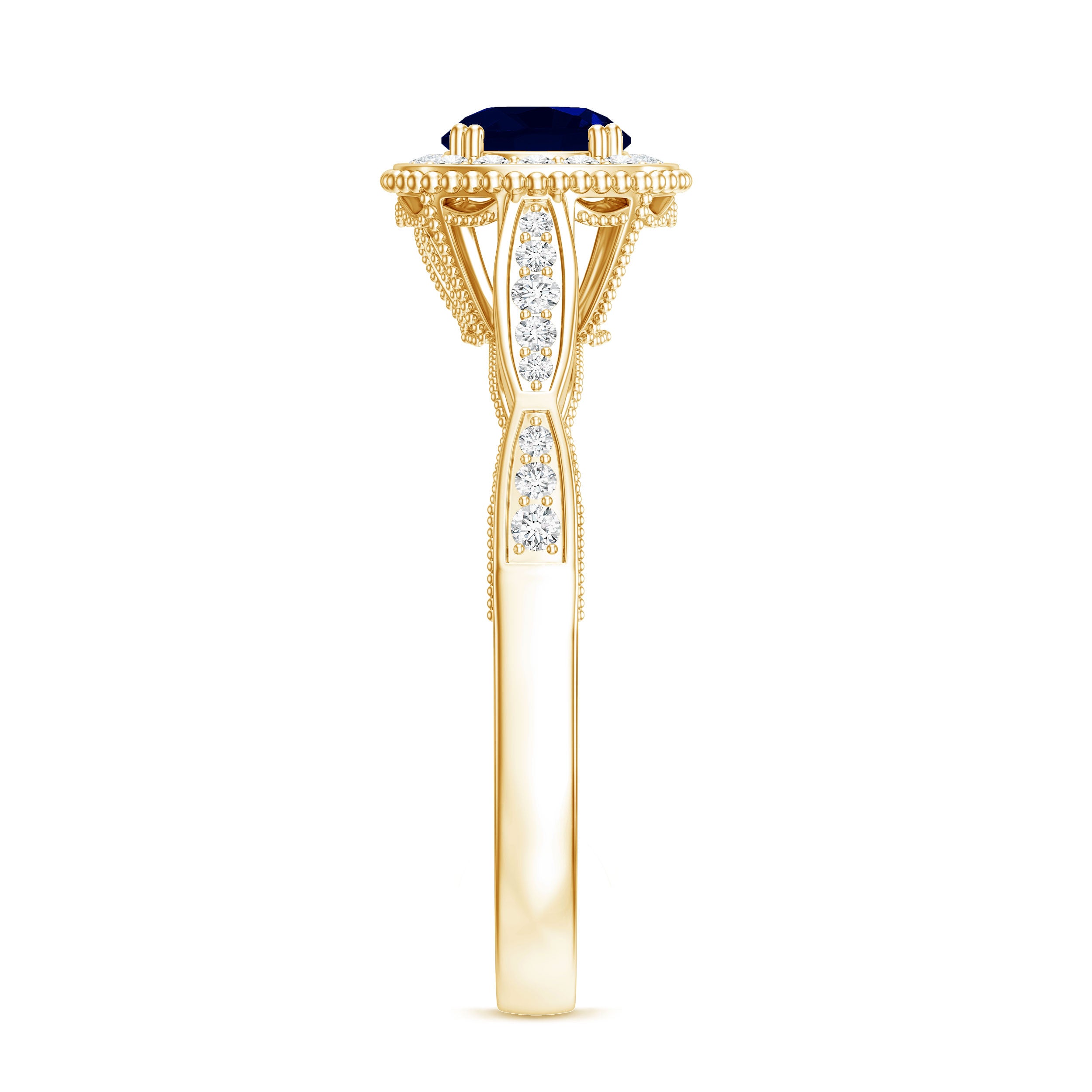 Round 0.9 Carat Blue Sapphire Antique Engagement Ring with Diamond Halo AAA - Rosec Jewels